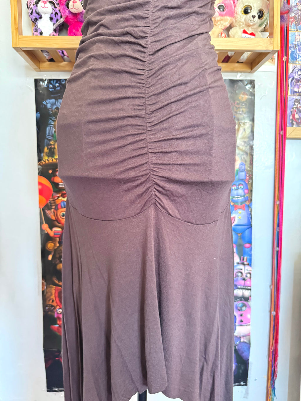 y2k vintage chocolate brown ruched asymmetrical hem midi halterneck dress with golden sequins