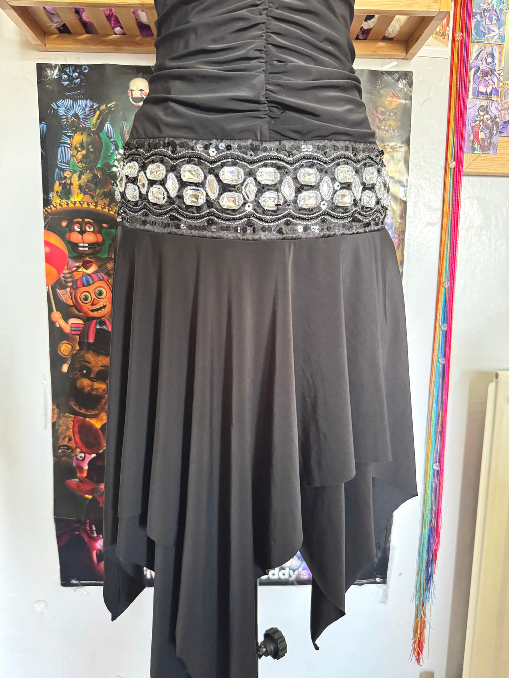 y2k vintage black sequin ruched slinky halterneck midi dress with hanky fairy hem