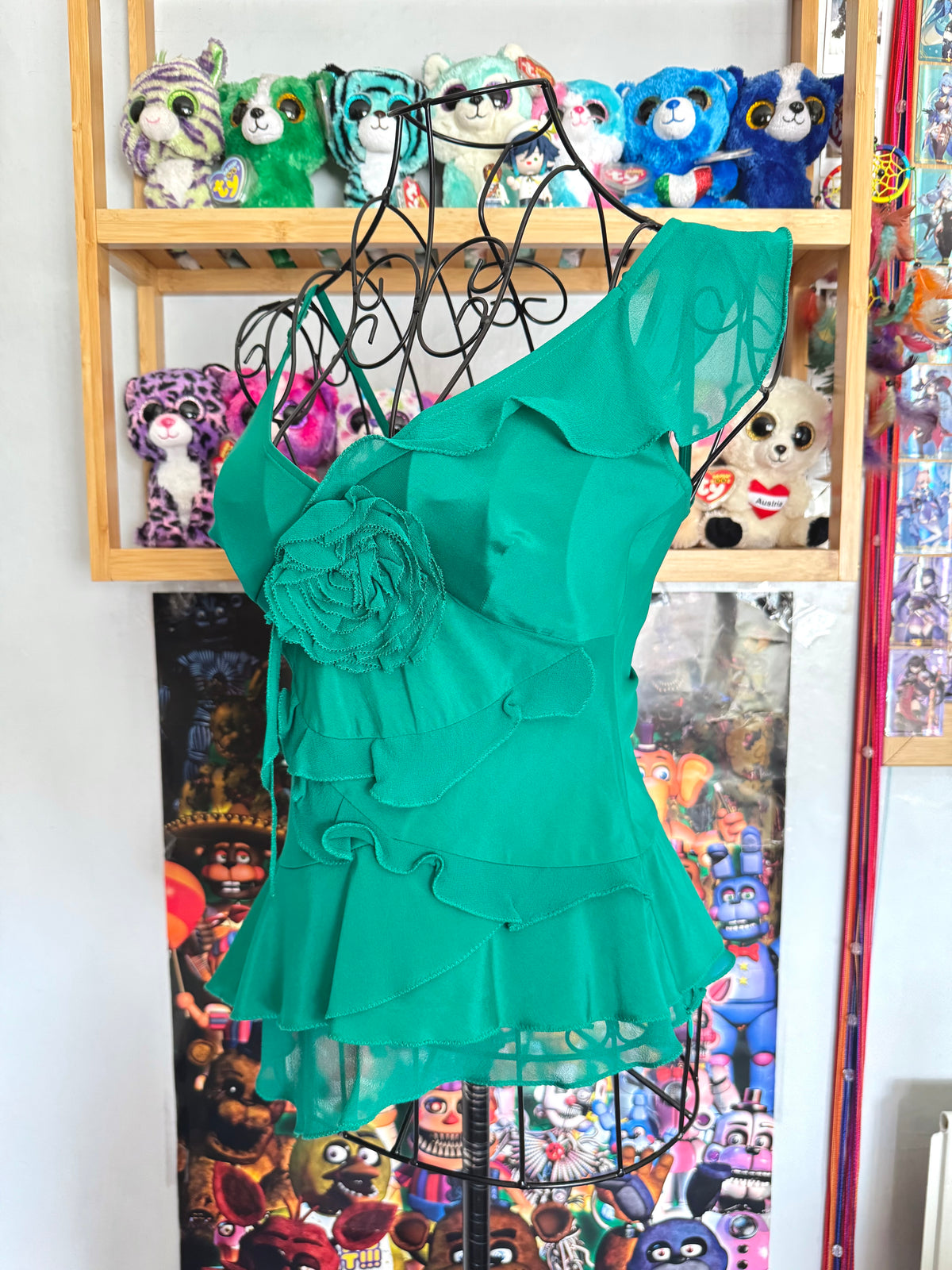 y2k vintage silk emerald green floral layered asymmetrical hem cami top
