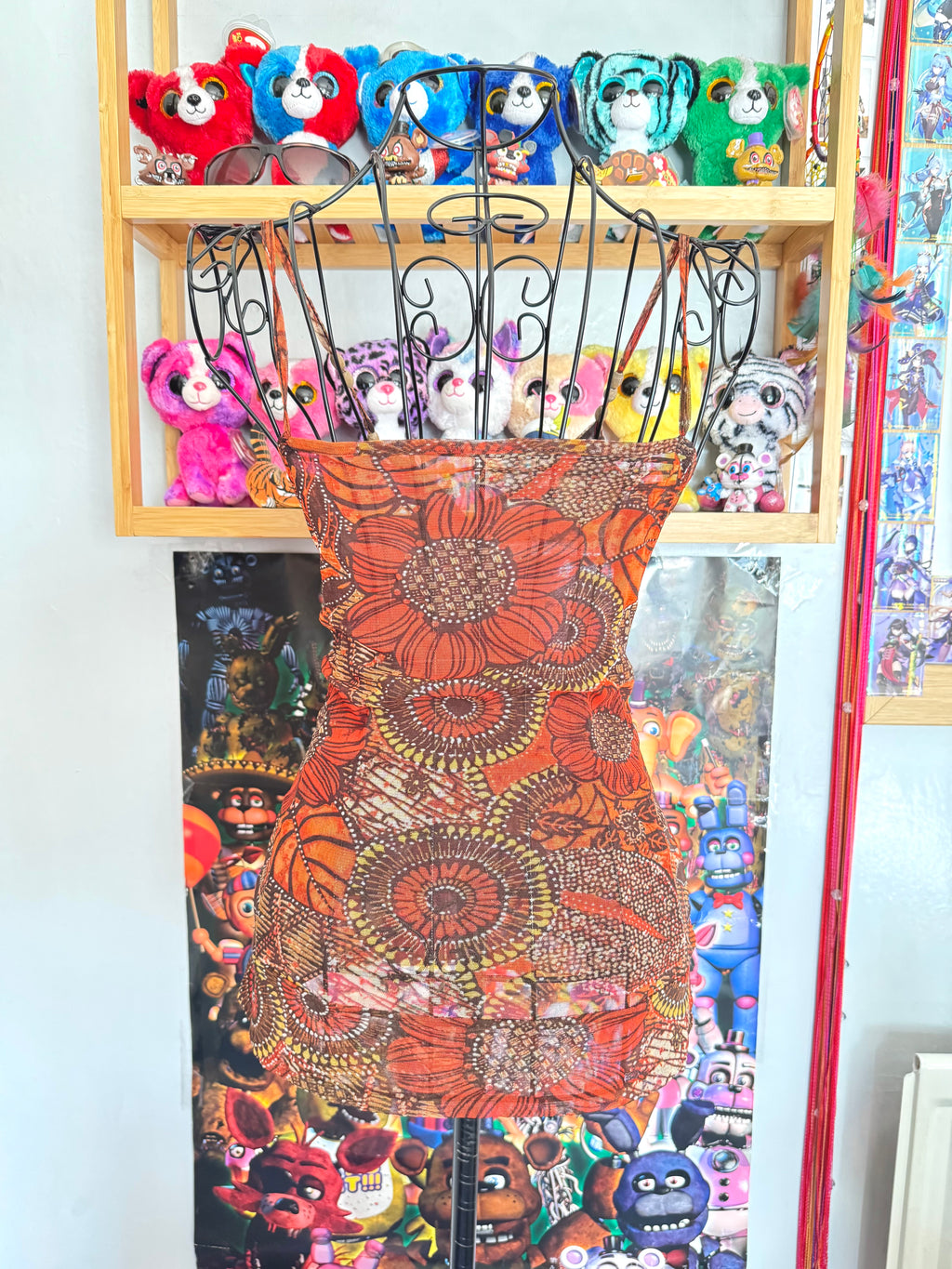 y2k vintage orange floral mesh cami top with wooden beading