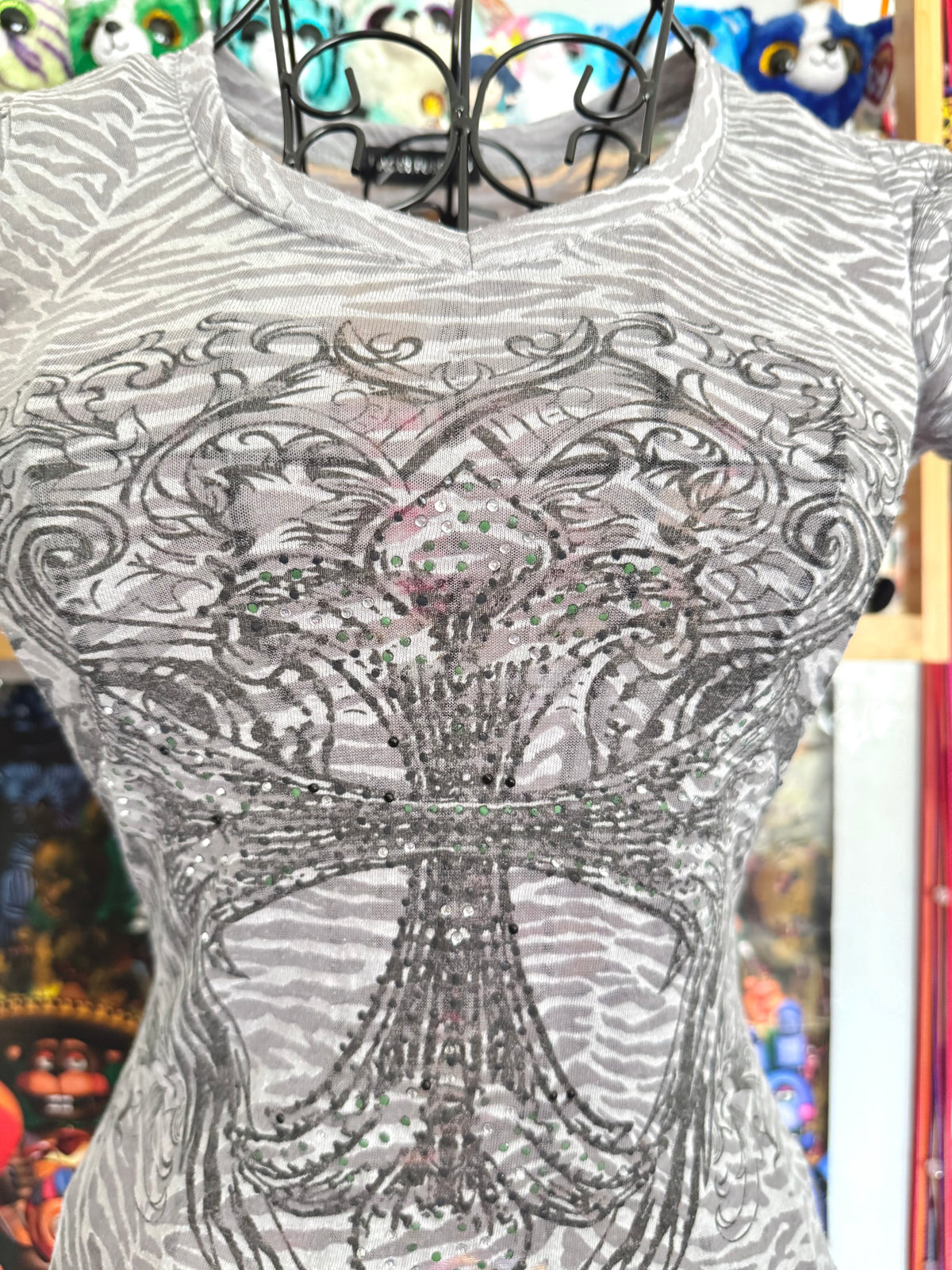y2k vintage sheer graphic wings fitted tee with rhinestone embellishments affliction mcbling