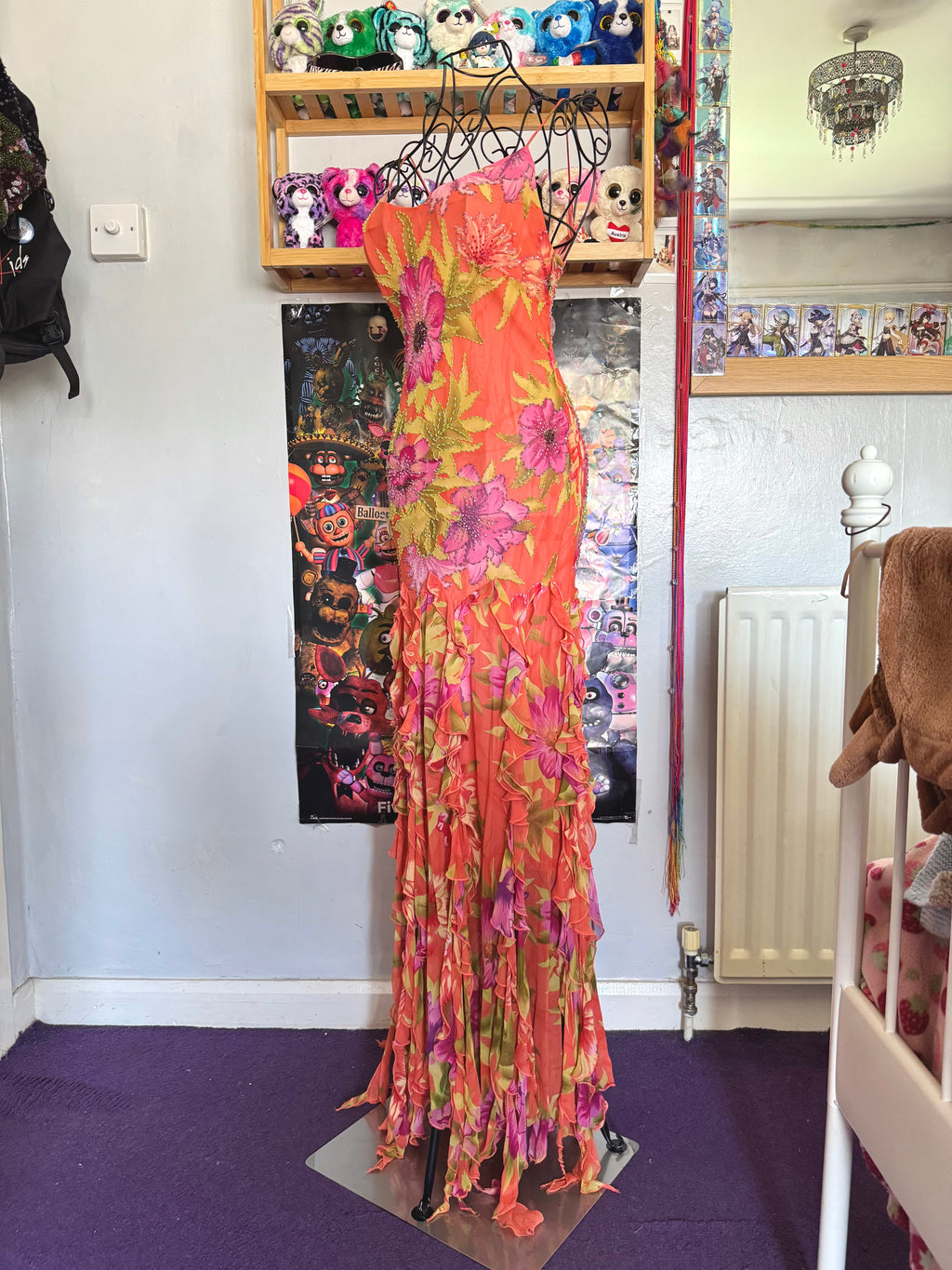 y2k vintage silk orange floral special occasion maxi dress with tassel hem