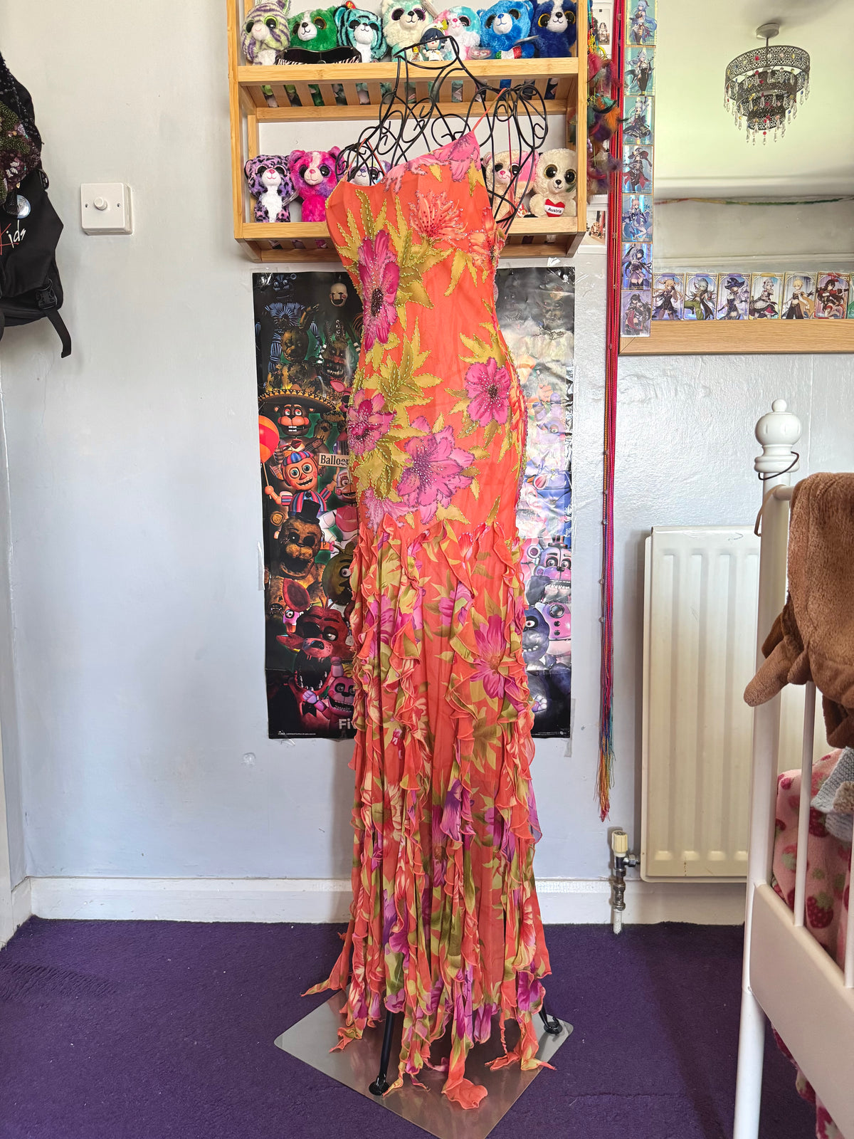 y2k vintage silk orange floral special occasion maxi dress with tassel hem