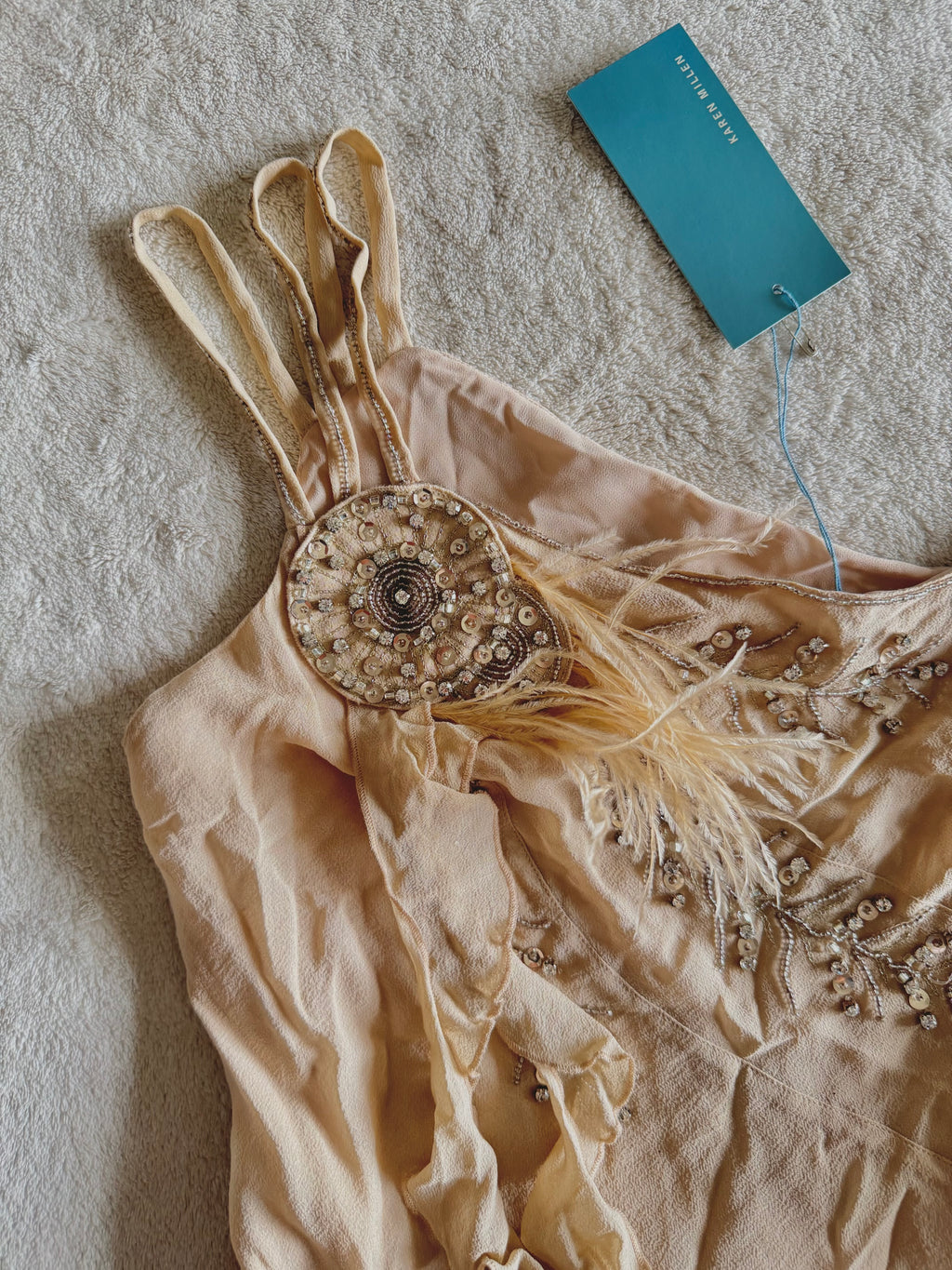 y2k vintage bnwt deadstock beige fitted layered silk cami top with feathering and sequins