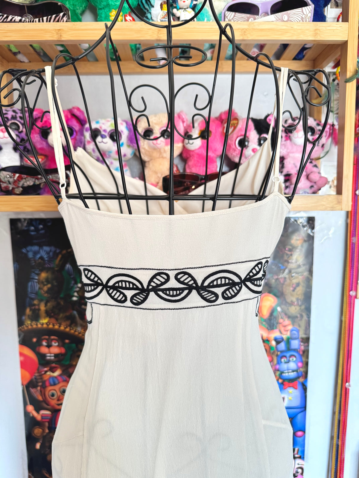 y2k vintage silk off white and black beaded midi dress with bulky layered hem fairycore