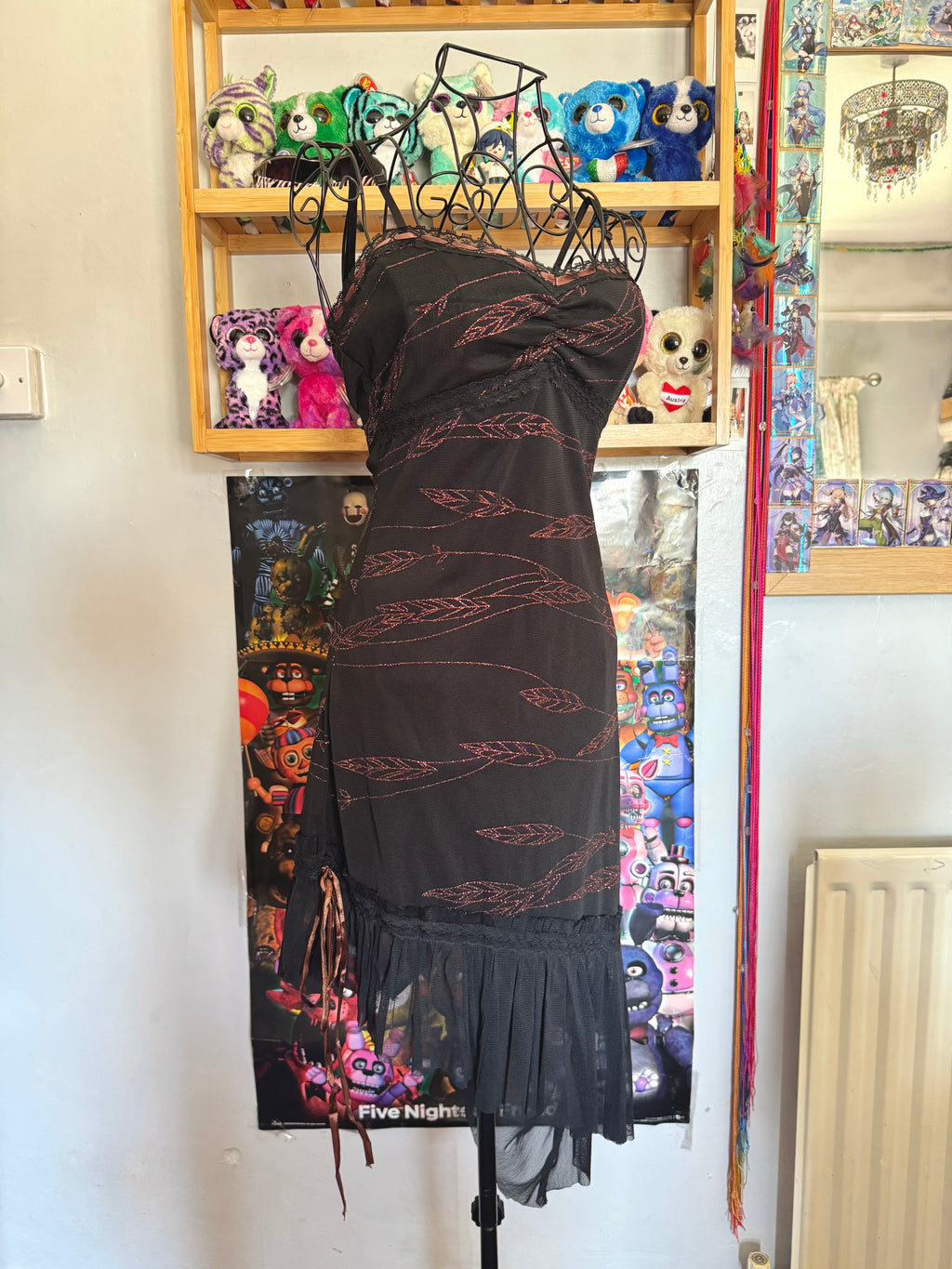 y2k vintage black asymmetrical hem mesh midi dress with bronze shimmer