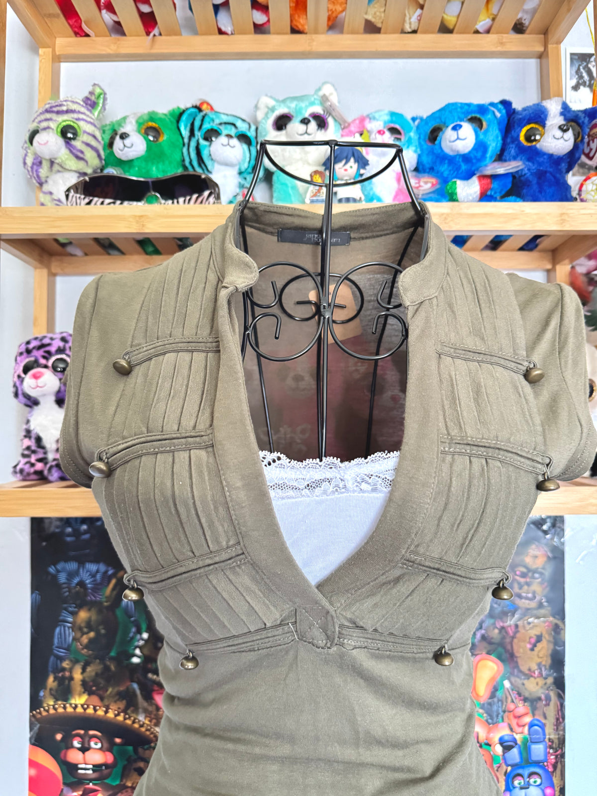 y2k vintage fitted tie back khaki green military inspired top