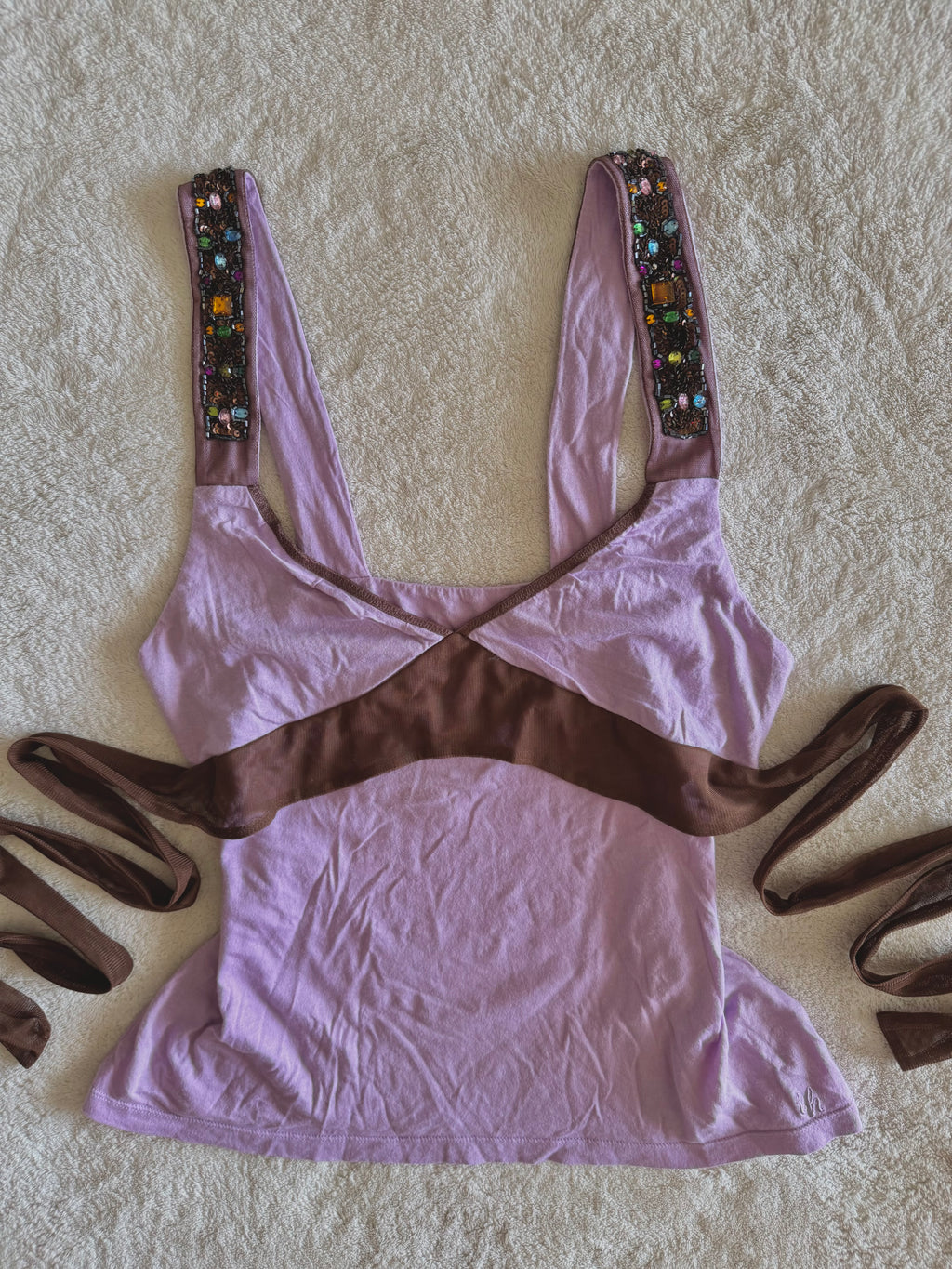 y2k vintage fitted lilac tie back jewelled cami top