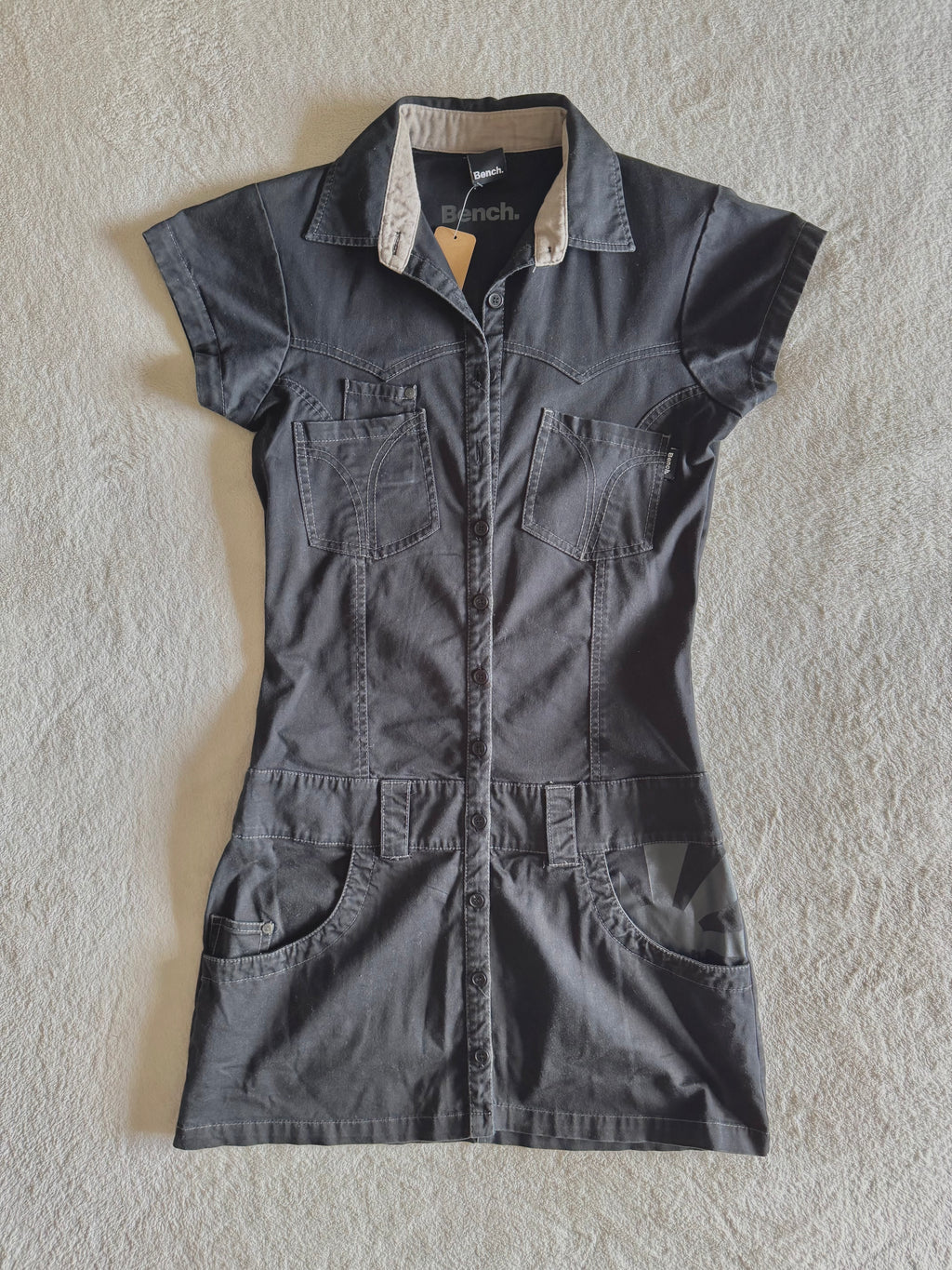 y2k vintage grungy black button up cargo utility style mini dress
