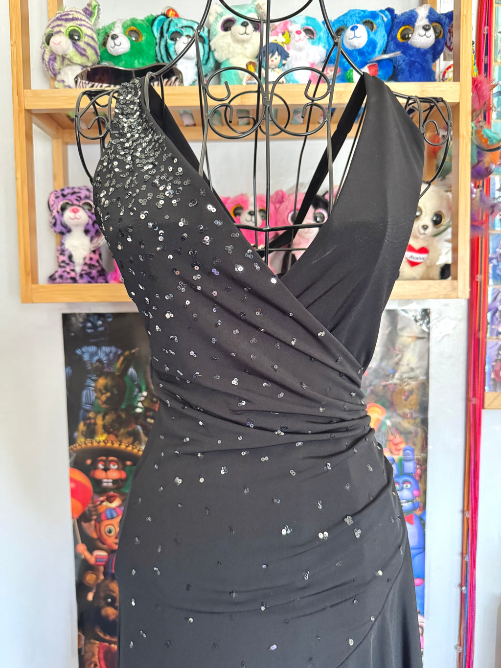 y2k vintage wrap style black rhinestone asymmetrical hem midi dress with ruching