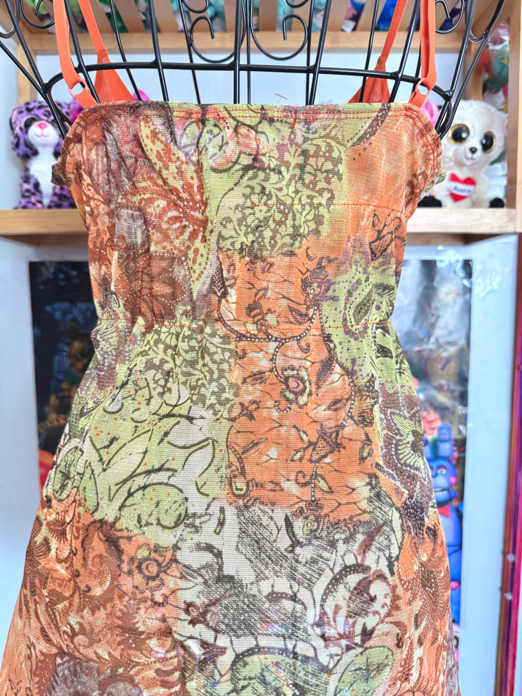 y2k vintage mesh ruffled orange and green floral autumnal cami top