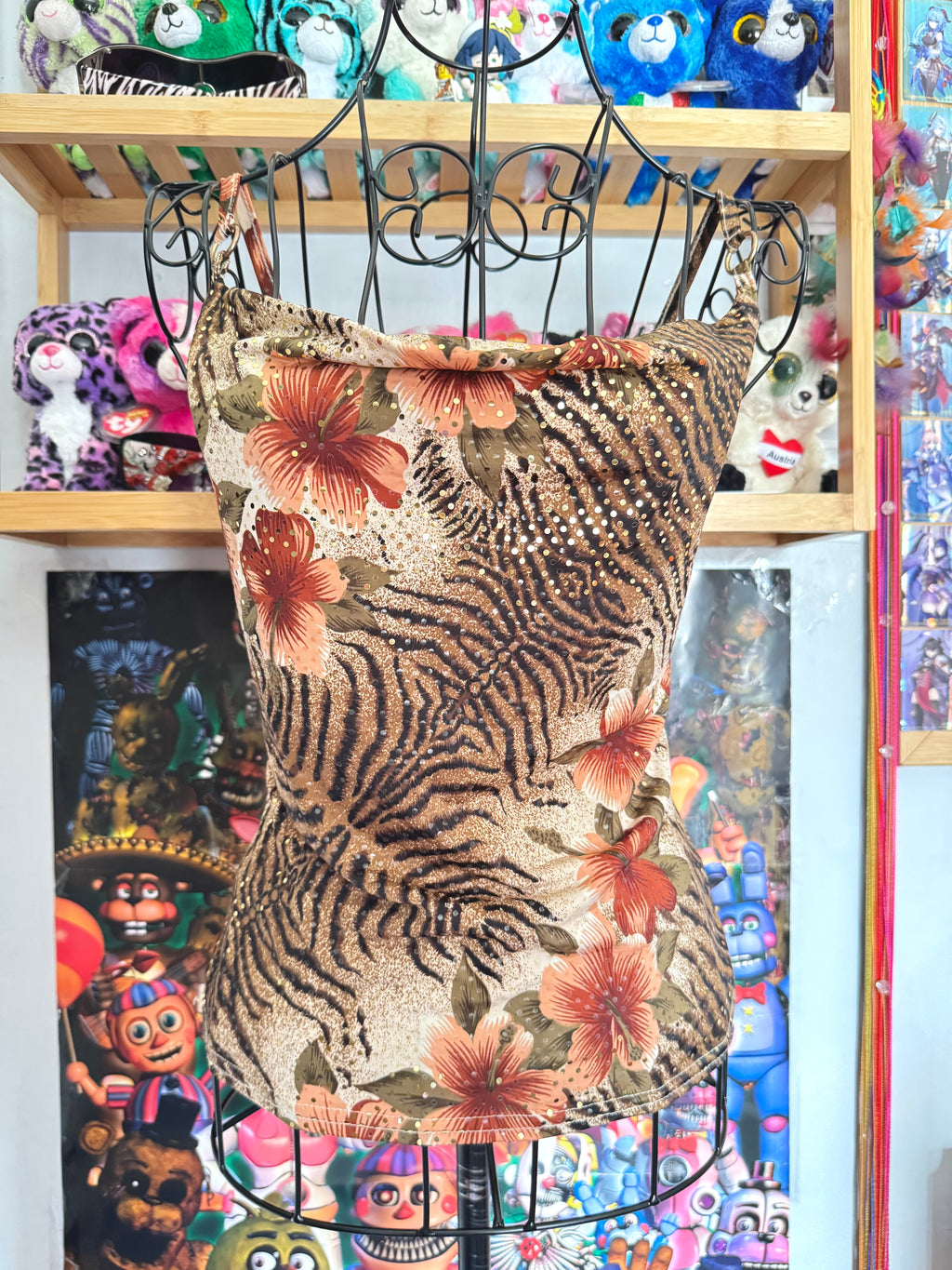 y2k vintage cowl neck fitted earthy vest top with mixed floral and animal print