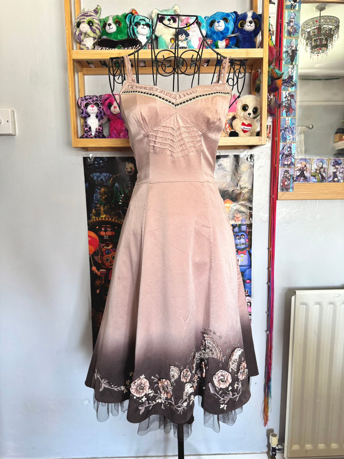 y2k vintage silk dusky pink and brown ombre fitted midi dress fit and flare with blossoms