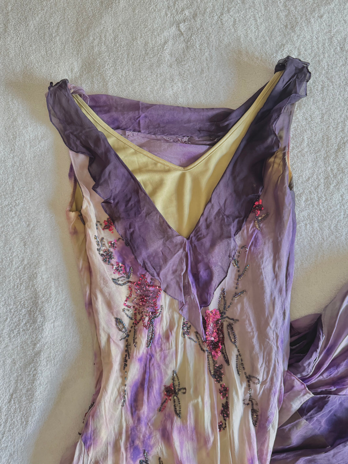 y2k vintage violet purple whimsical silk floral beaded hanky hem cowl neck maxi dress fairy