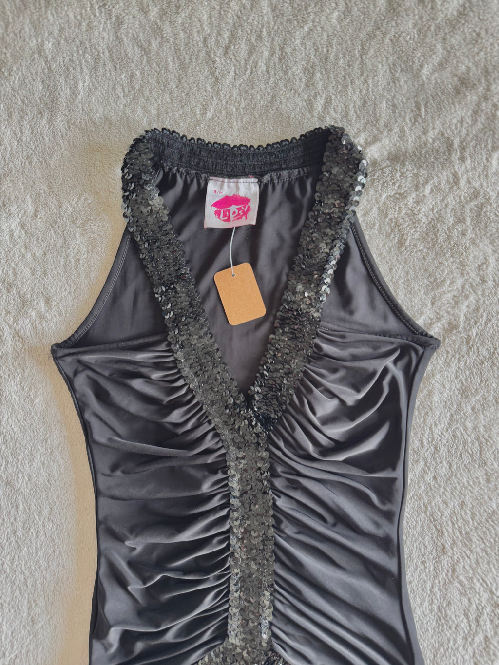 y2k vintage black slinky ruched ruffled vneck top with sequins