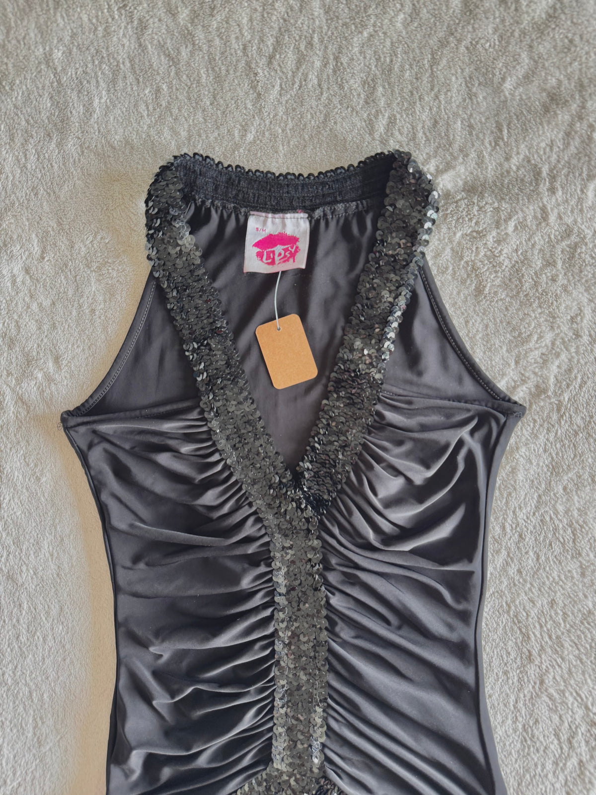 y2k vintage black slinky ruched ruffled vneck top with sequins