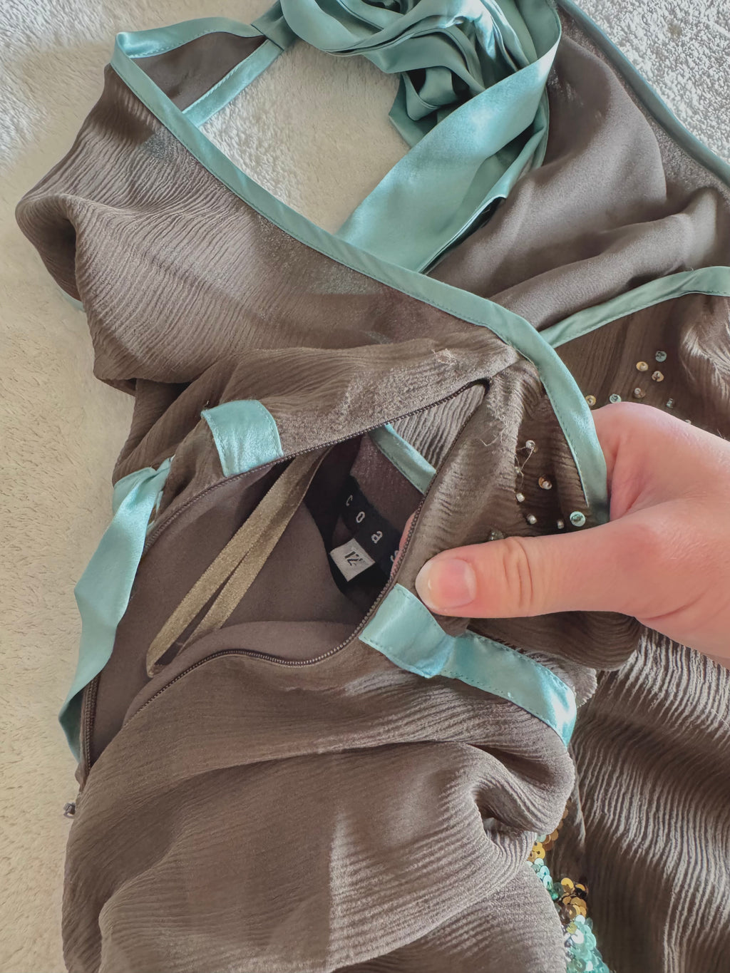 y2k vintage brown, turquoise silk asymmetric layered fairy halter cami top with sequins