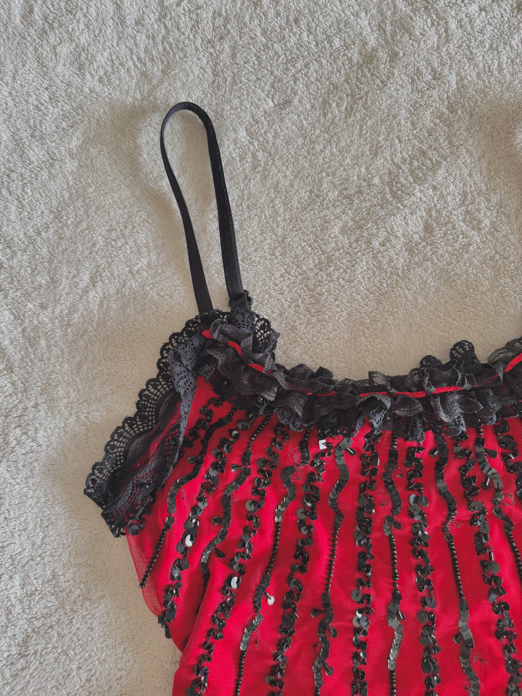 y2k vintage red fitted mesh cami top with black dangle beading and sequin embroidery