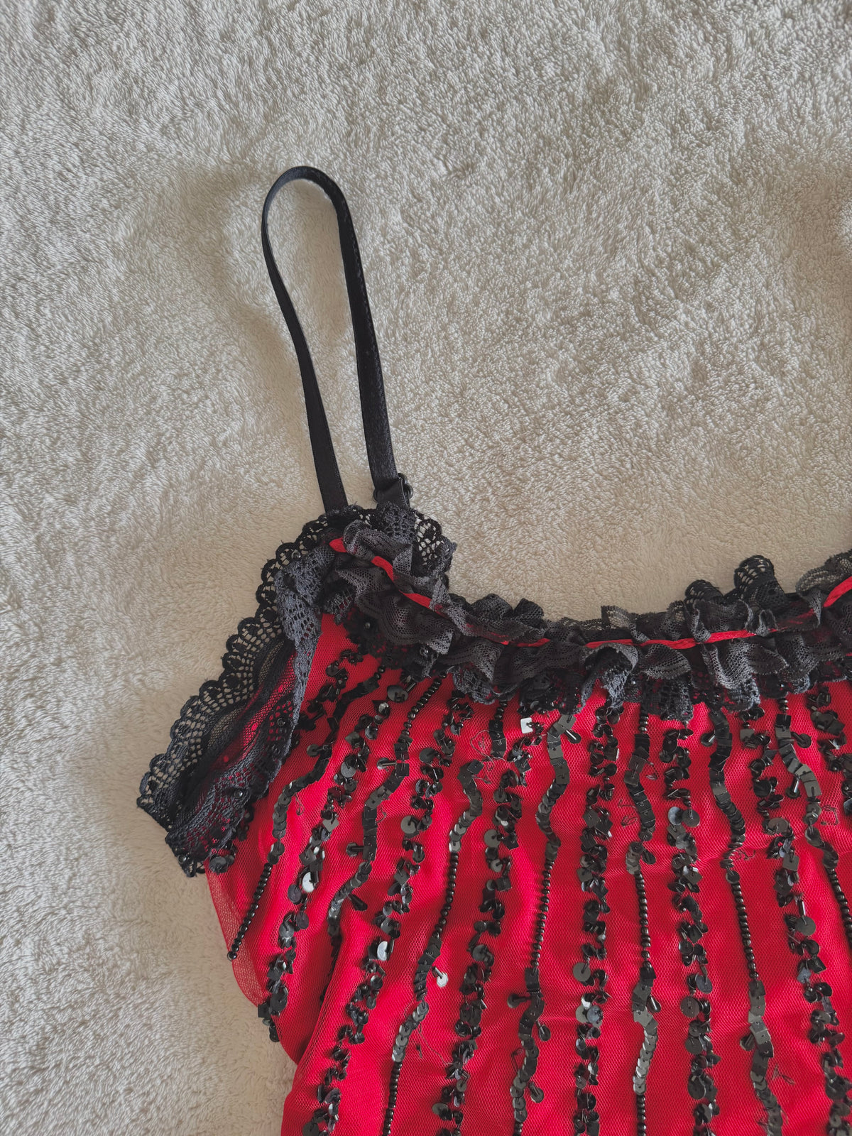 y2k vintage red fitted mesh cami top with black dangle beading and sequin embroidery