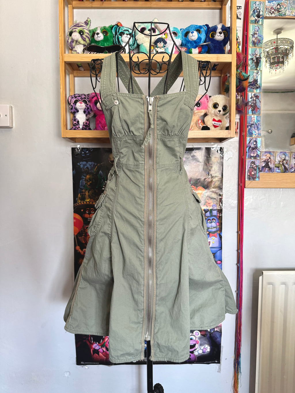 y2k vintage khaki green cargo utility mini dress streetwear grunge summer