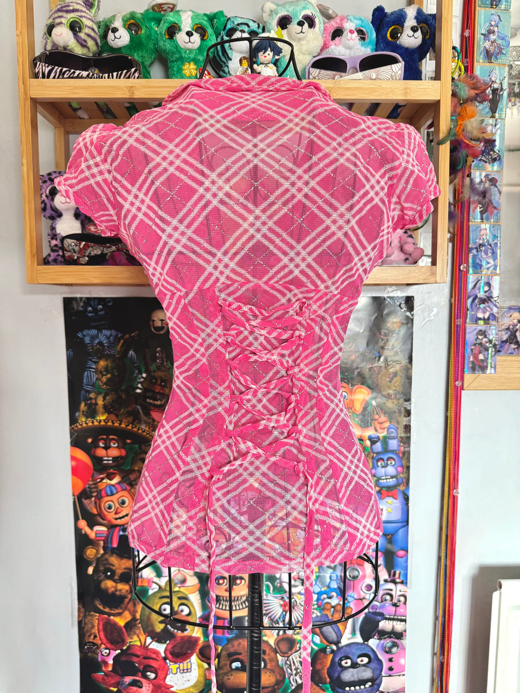 y2k vintage rare hot pink plaid glittery button up sheer blouse with lace up back mcbling