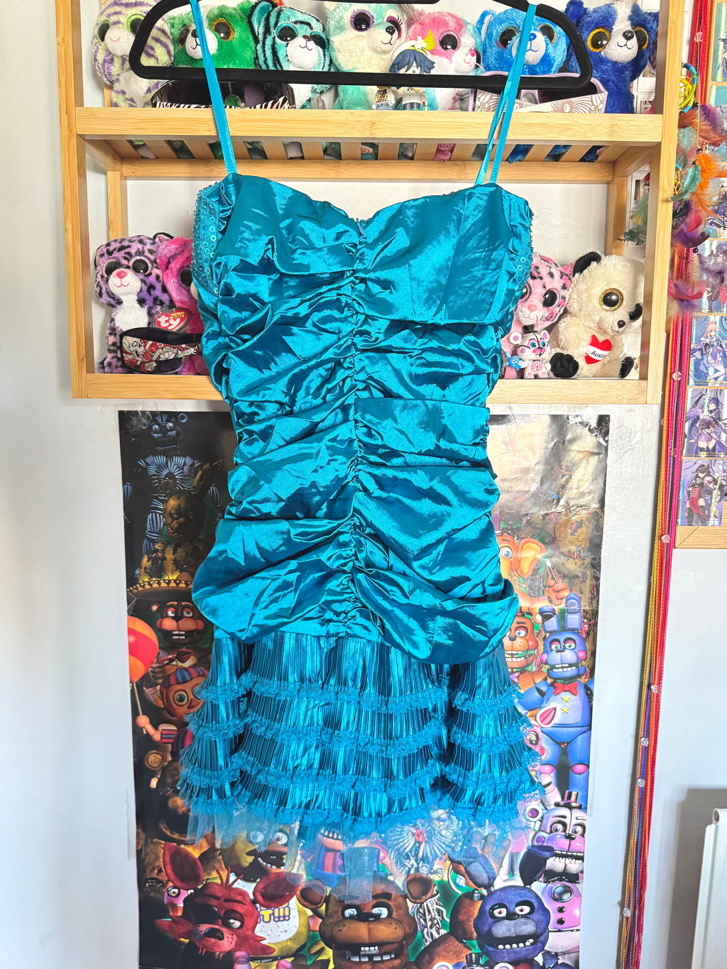 y2k vintage bnwt deadstock satin blue ruched strapless mini dress