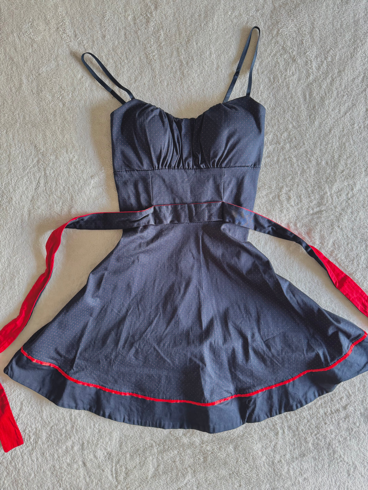y2k vintage 50’s inspired navy blue and red polkadot tie back mini dress