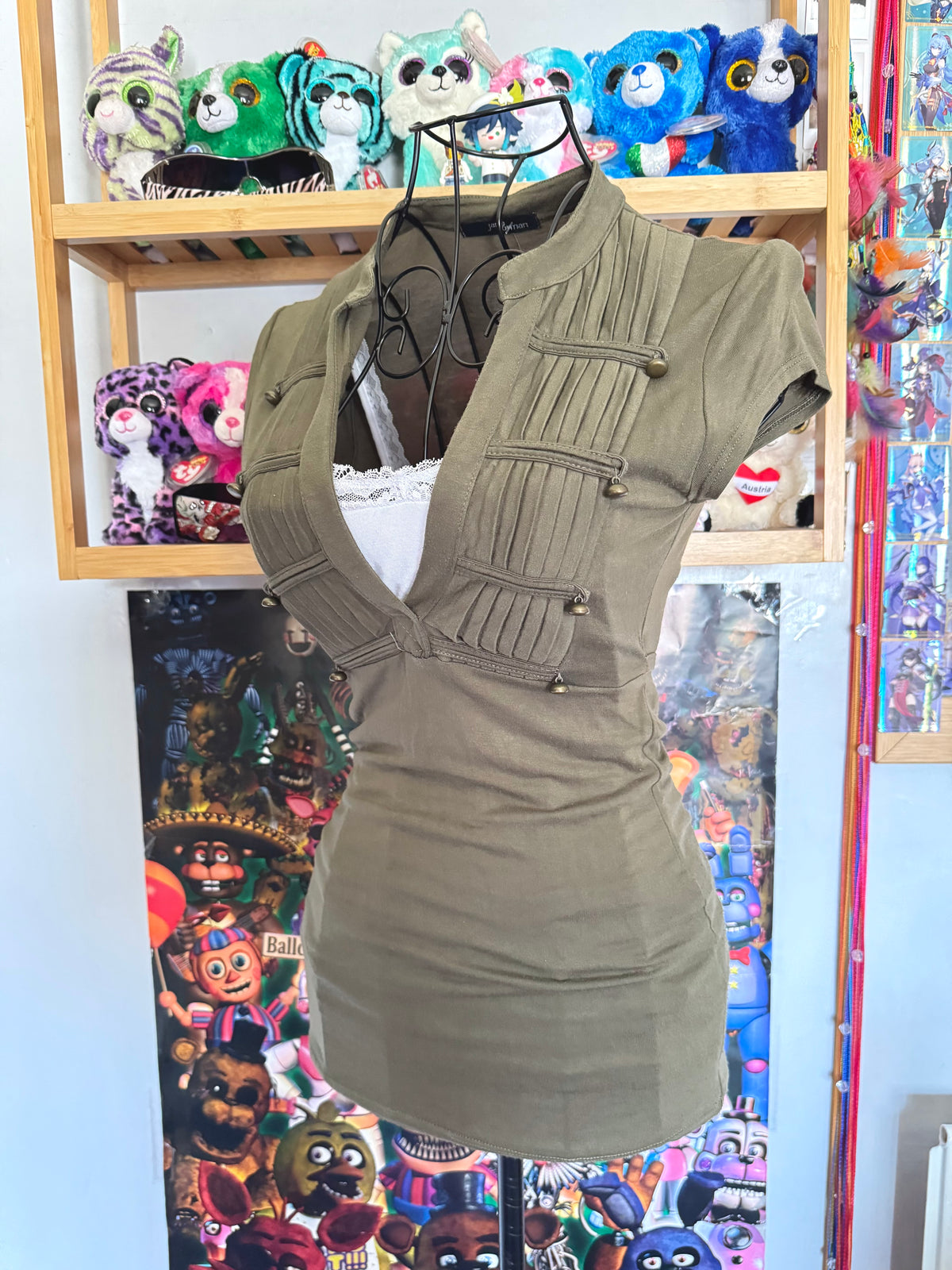 y2k vintage fitted tie back khaki green military inspired top
