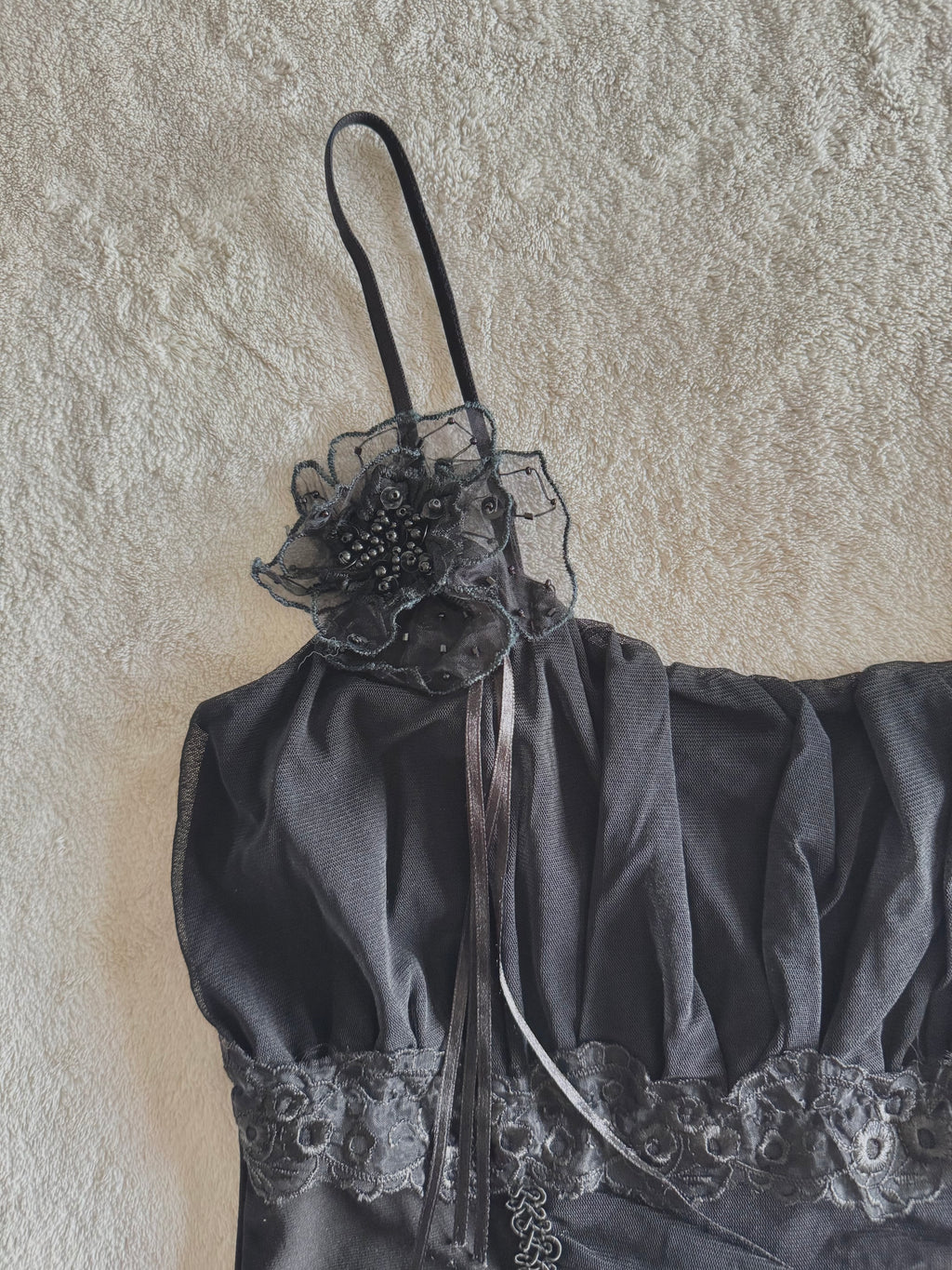 y2k vintage black mesh fitted cami top with ruffle hem and ruched milkmaid bust gothic