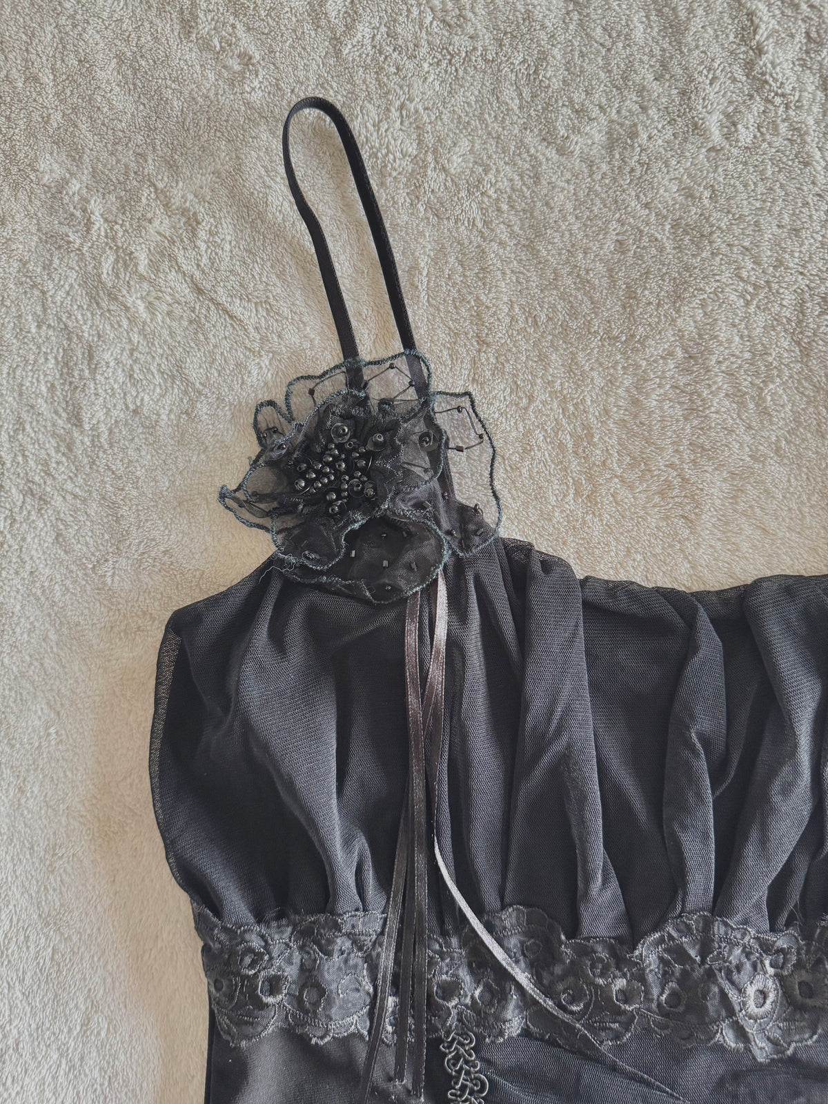 y2k vintage black mesh fitted cami top with ruffle hem and ruched milkmaid bust gothic