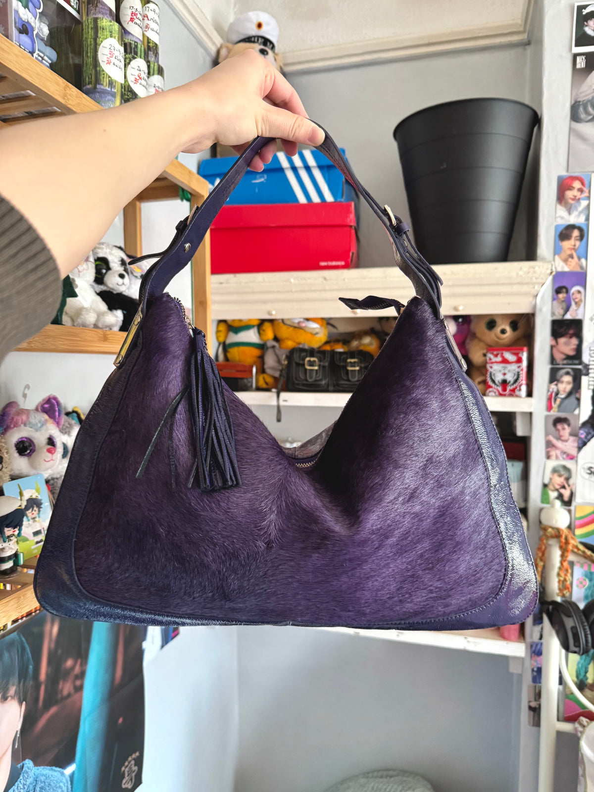 y2k pony hair violet purple slouchy boho handbag with real suede and leather