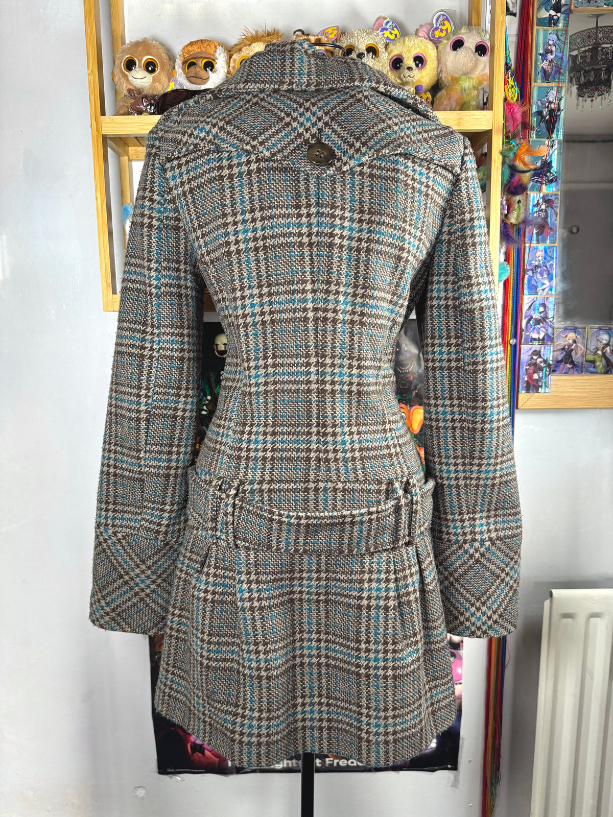 y2k vintage funnel neck plaid button up peacoat with detachable adjustable belt