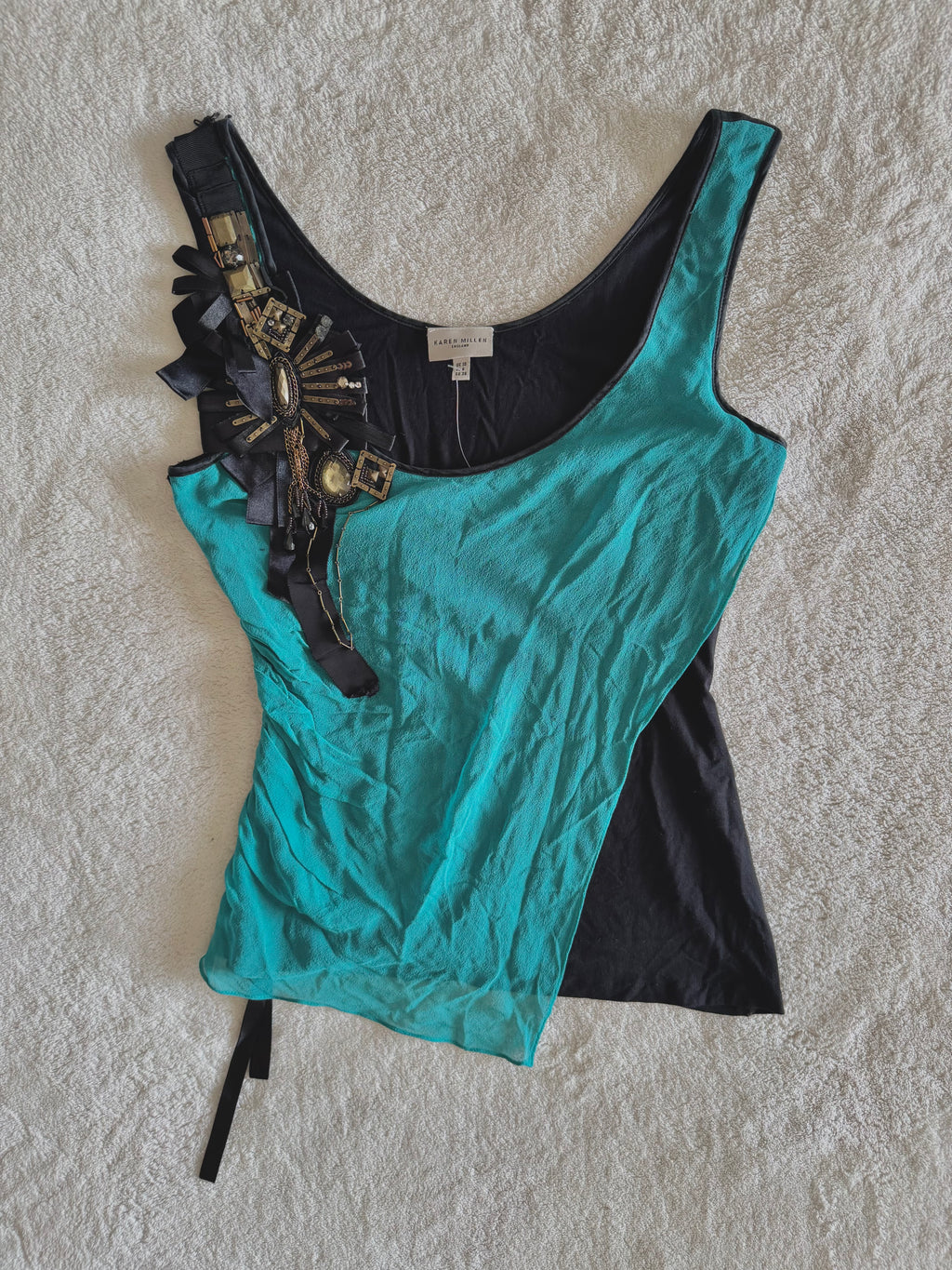 y2k vintage silk teal and black fitted asymmetrical hem vest top