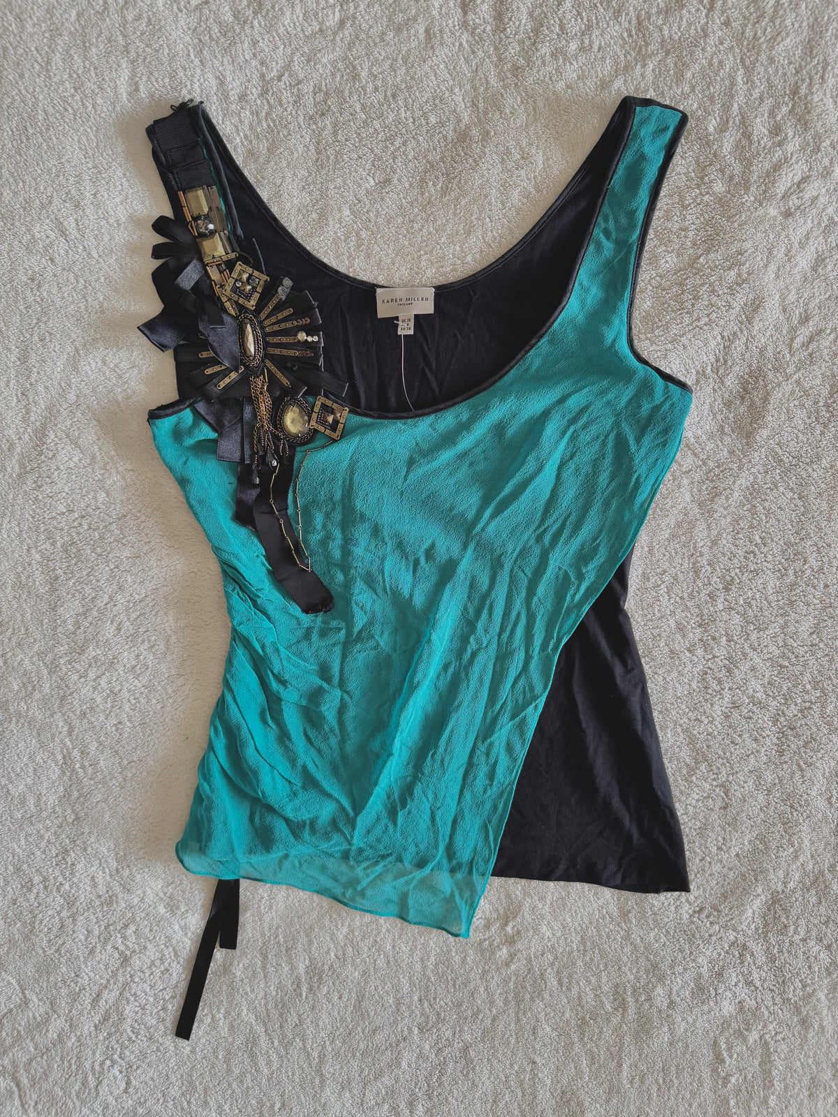 y2k vintage silk teal and black fitted asymmetrical hem vest top