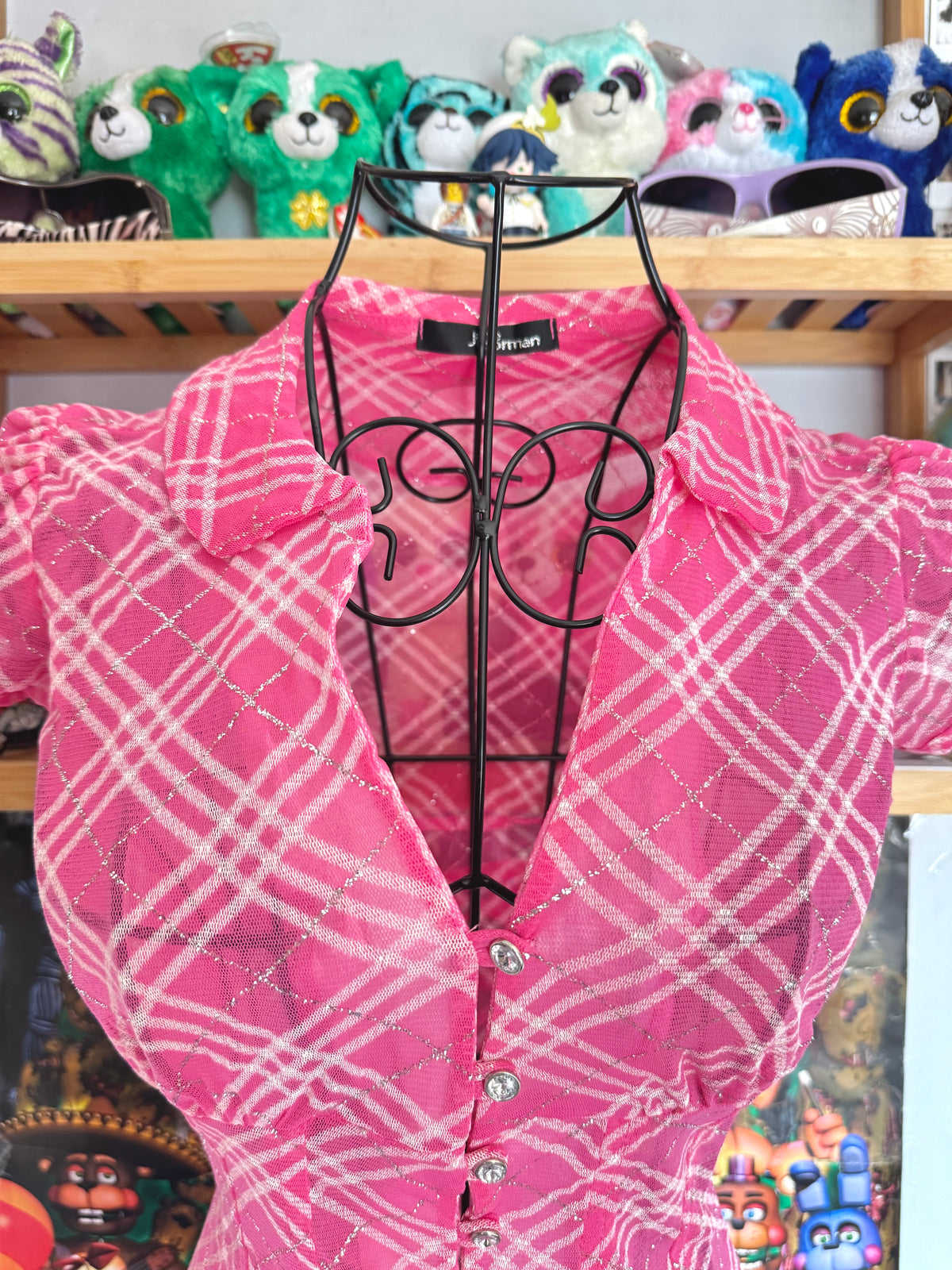 y2k vintage rare hot pink plaid glittery button up sheer blouse with lace up back mcbling