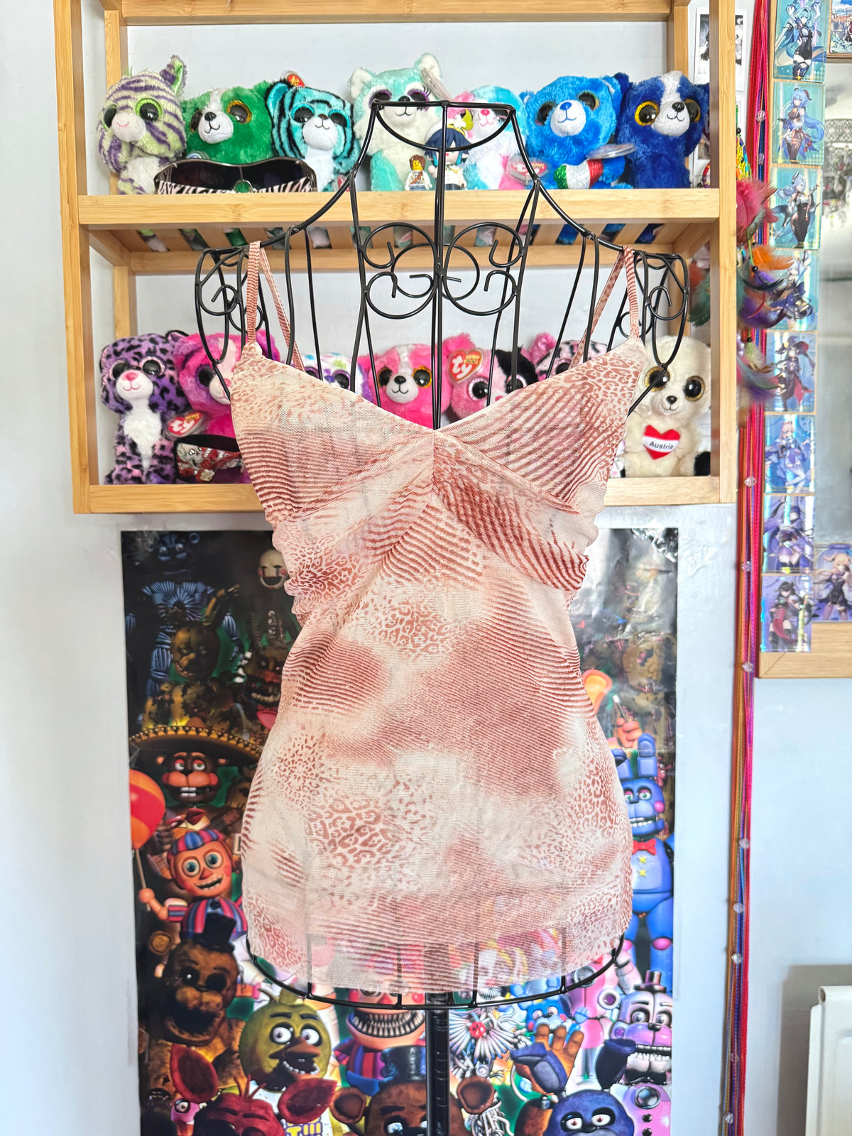 y2k vintage sheer mesh leopard print pink and tan cropped fitted cami top summer festival