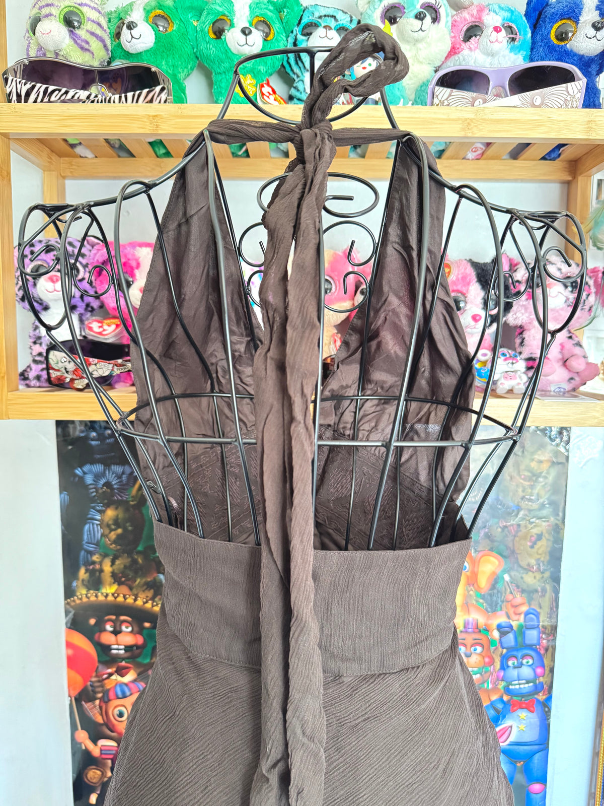 y2k vintage silk chocolate brown fitted asymmetrical fairy hem halterneck midi dress