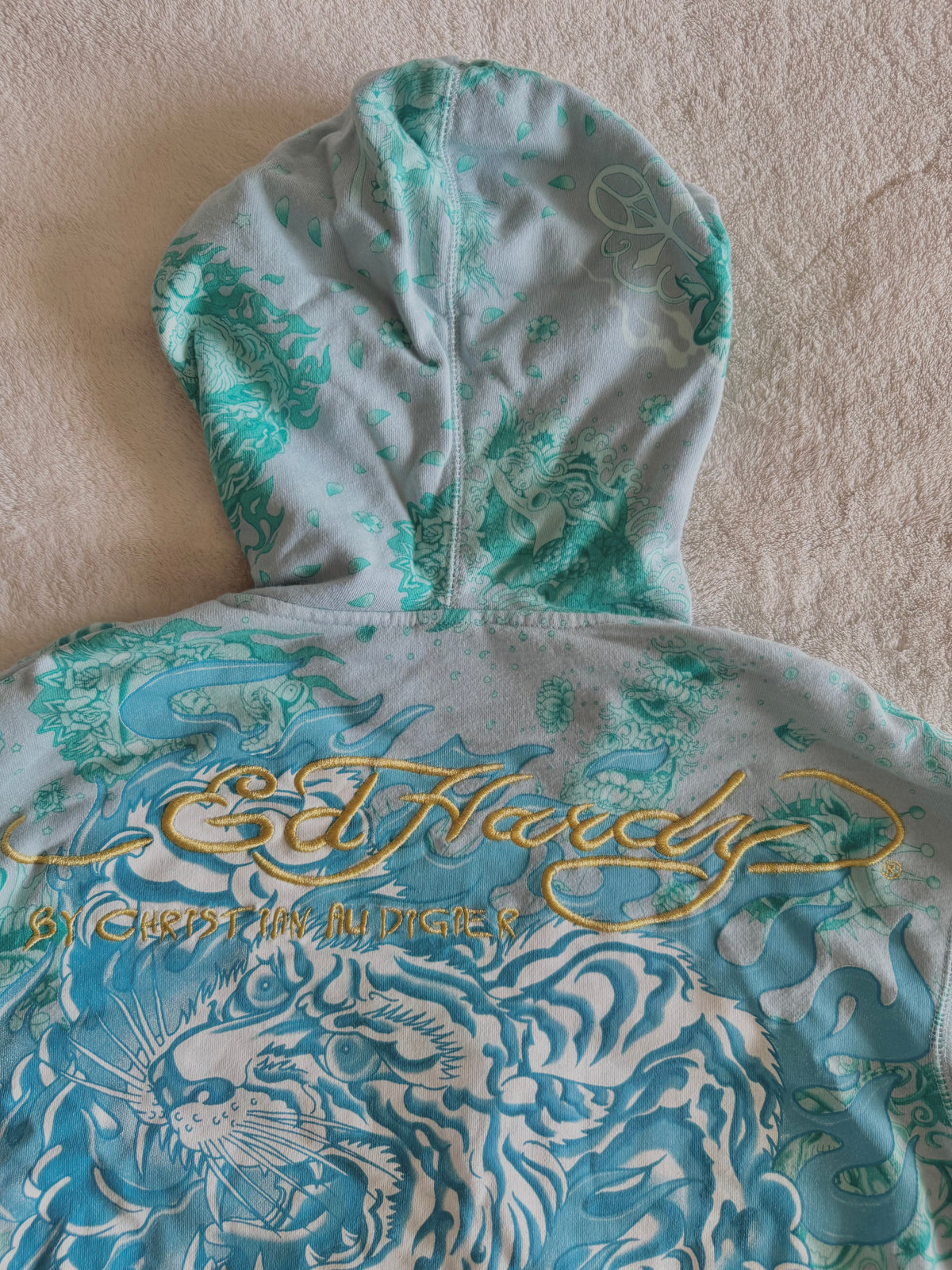 y2k vintage blue zip up drawstring neck hoodie with massive graphic front and back unisex