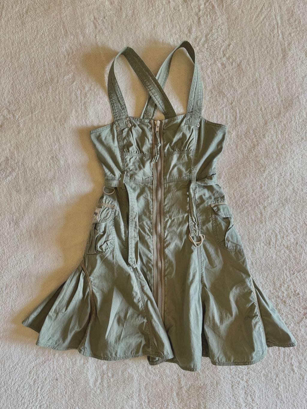 y2k vintage khaki green cargo utility mini dress streetwear grunge summer