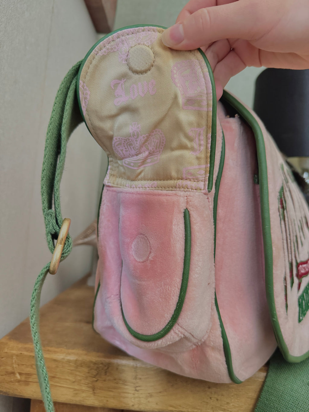 rare y2k vintage pink and green velour luxury Juicy Couture trustfund generation crossbody bag
