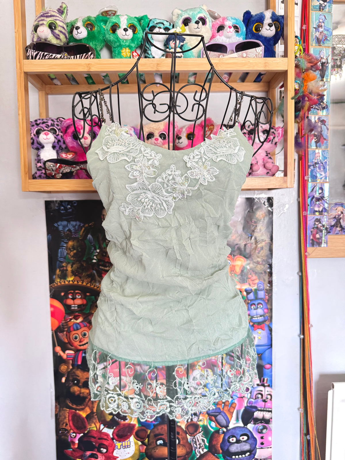 y2k vintage pale sage green mesh fitted cami top with lace trim and beaded chain straps
