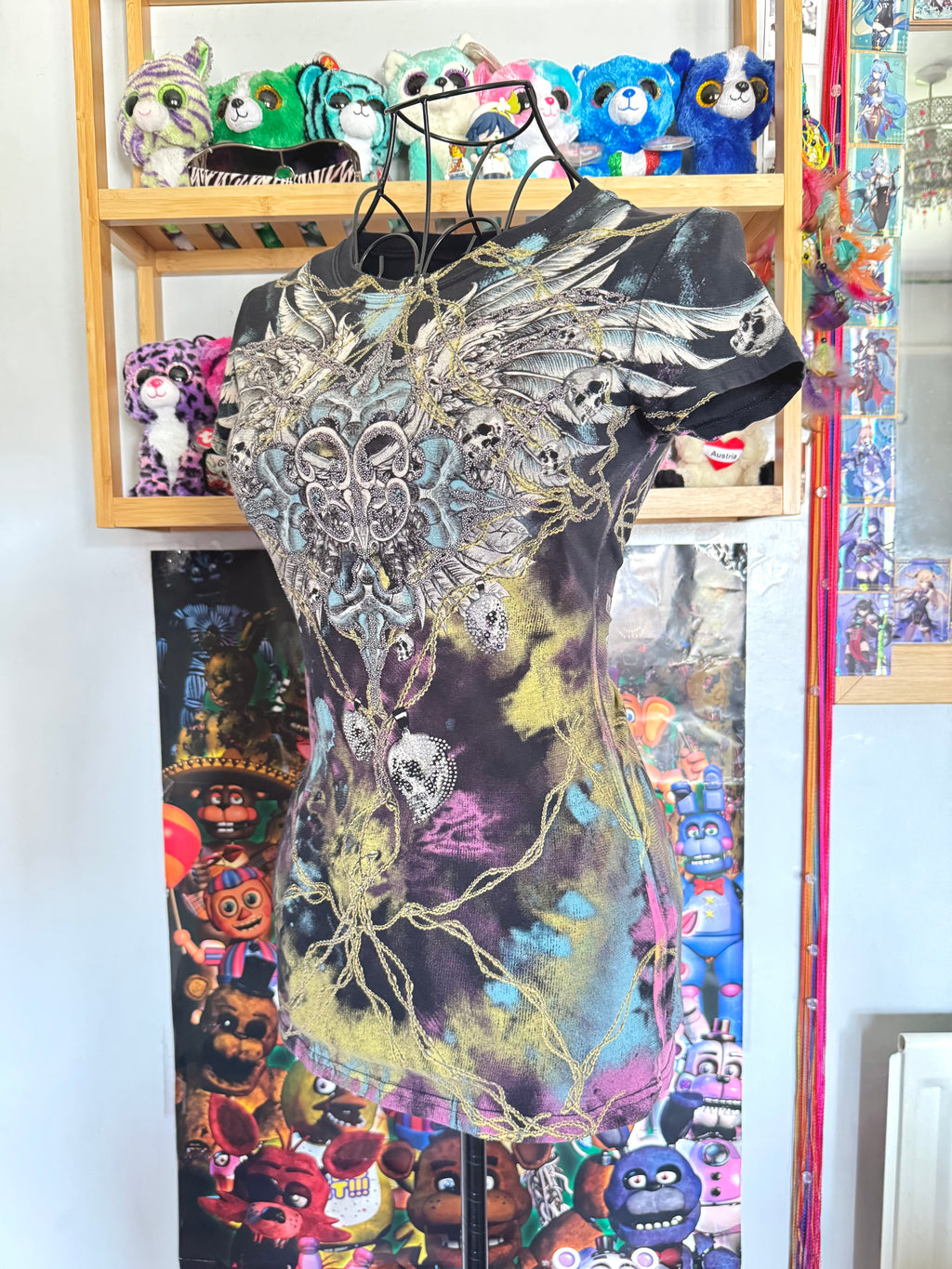 y2k vintage insane graphic tie die fitted beaded tshirt