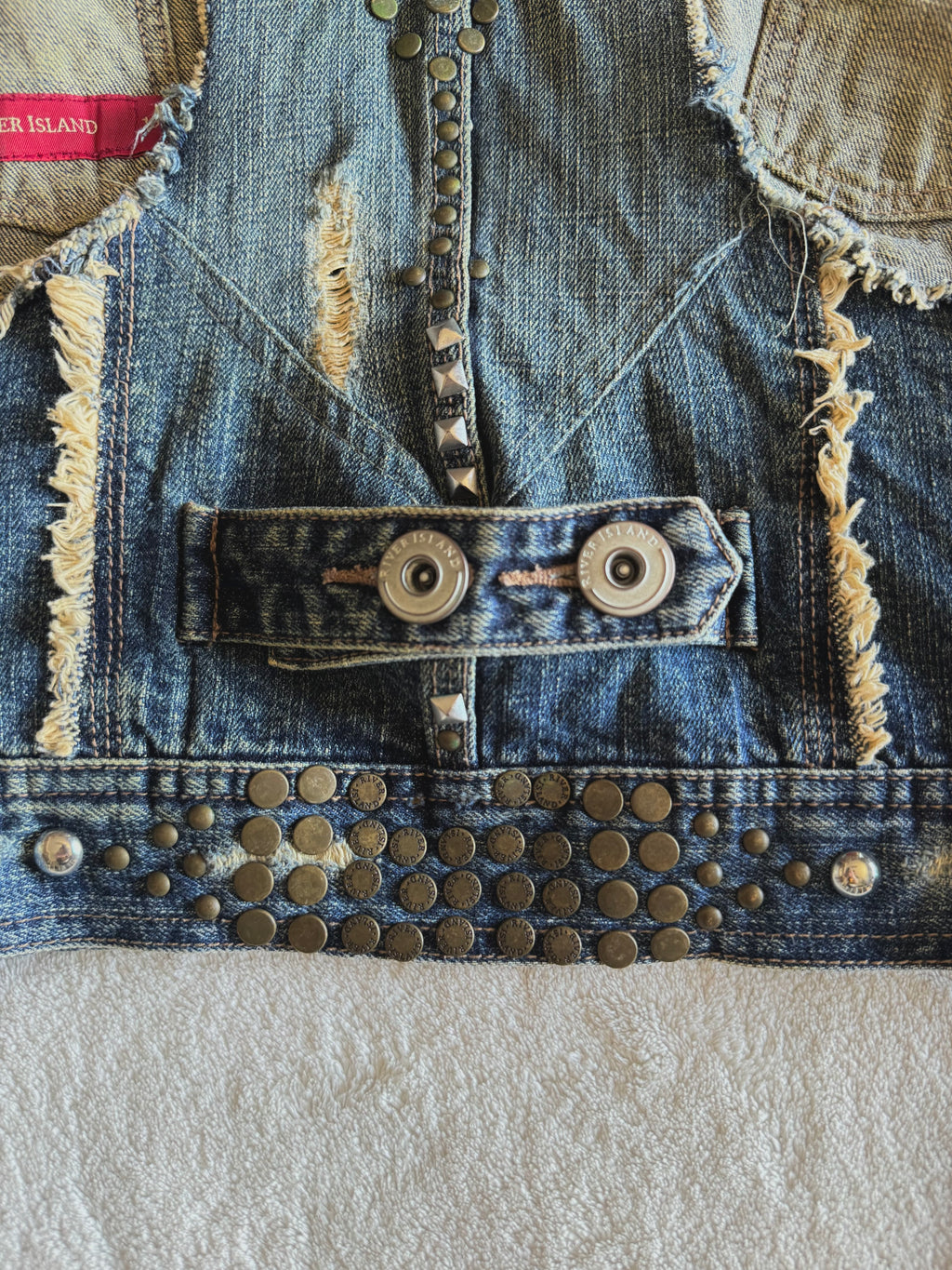 y2k vintage medium wash denim sleeveless waistcoat with studs and punk details