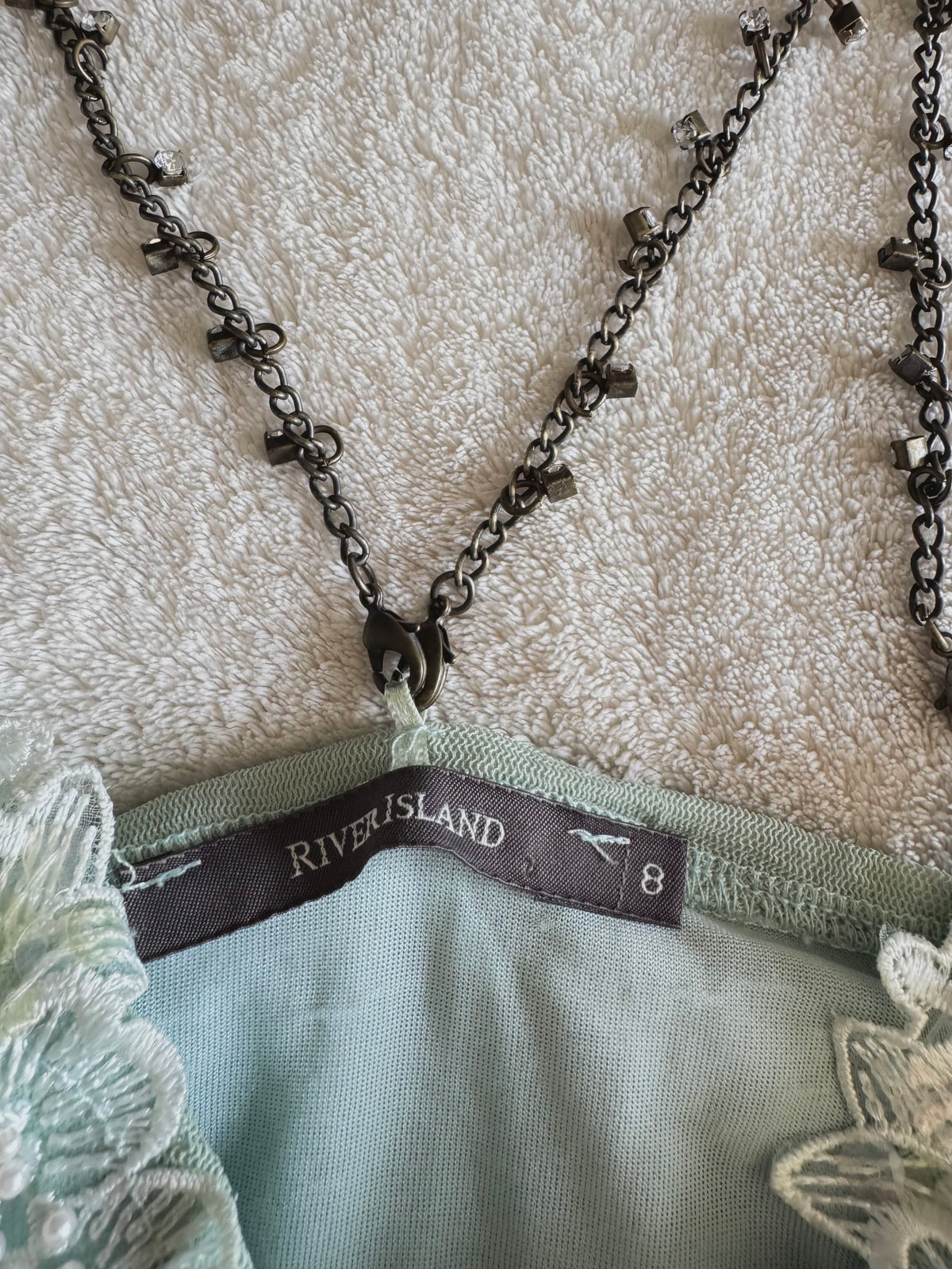 y2k vintage pale sage green mesh fitted cami top with lace trim and beaded chain straps