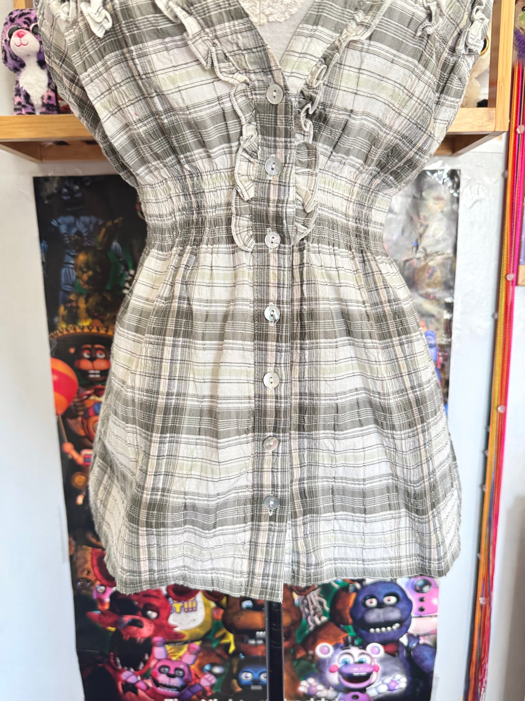 y2k vintage checkered button up babydoll top with elasticated waist and cap sleeves