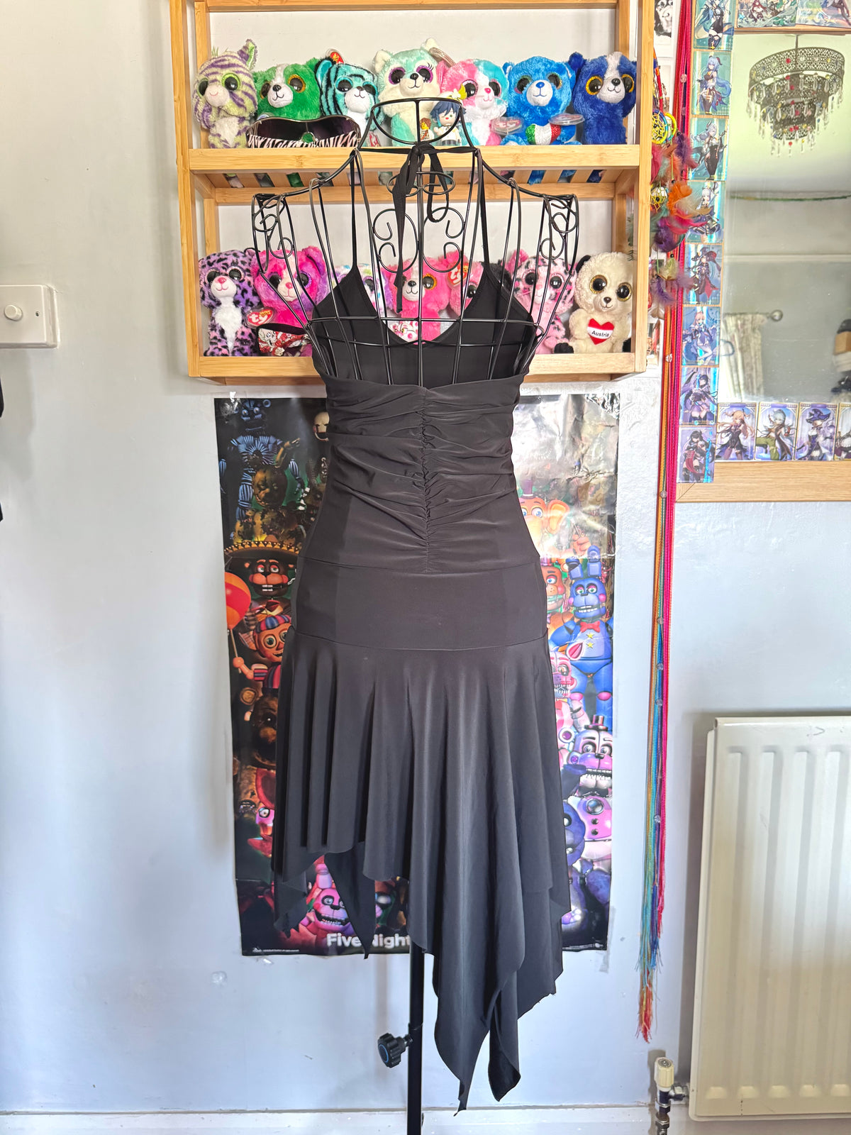 y2k vintage black sequin ruched slinky halterneck midi dress with hanky fairy hem