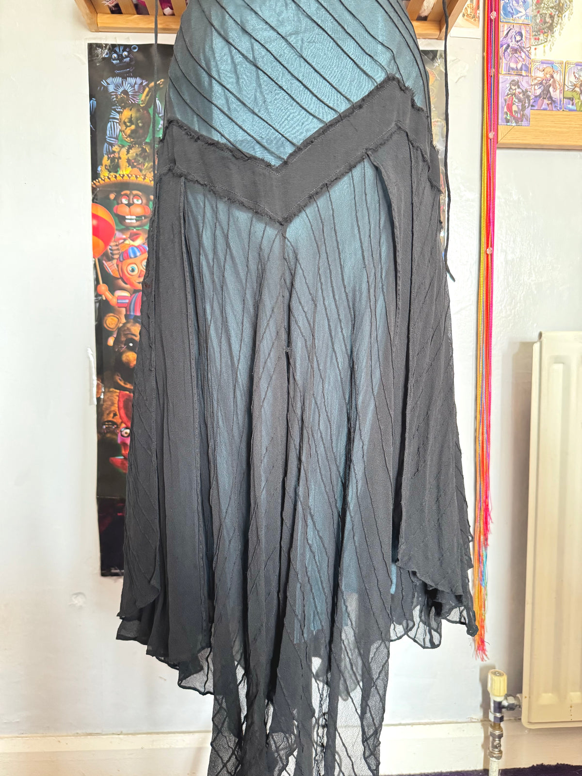 y2k vintage silk hanky fairy hem black maxi dress with blue underlay