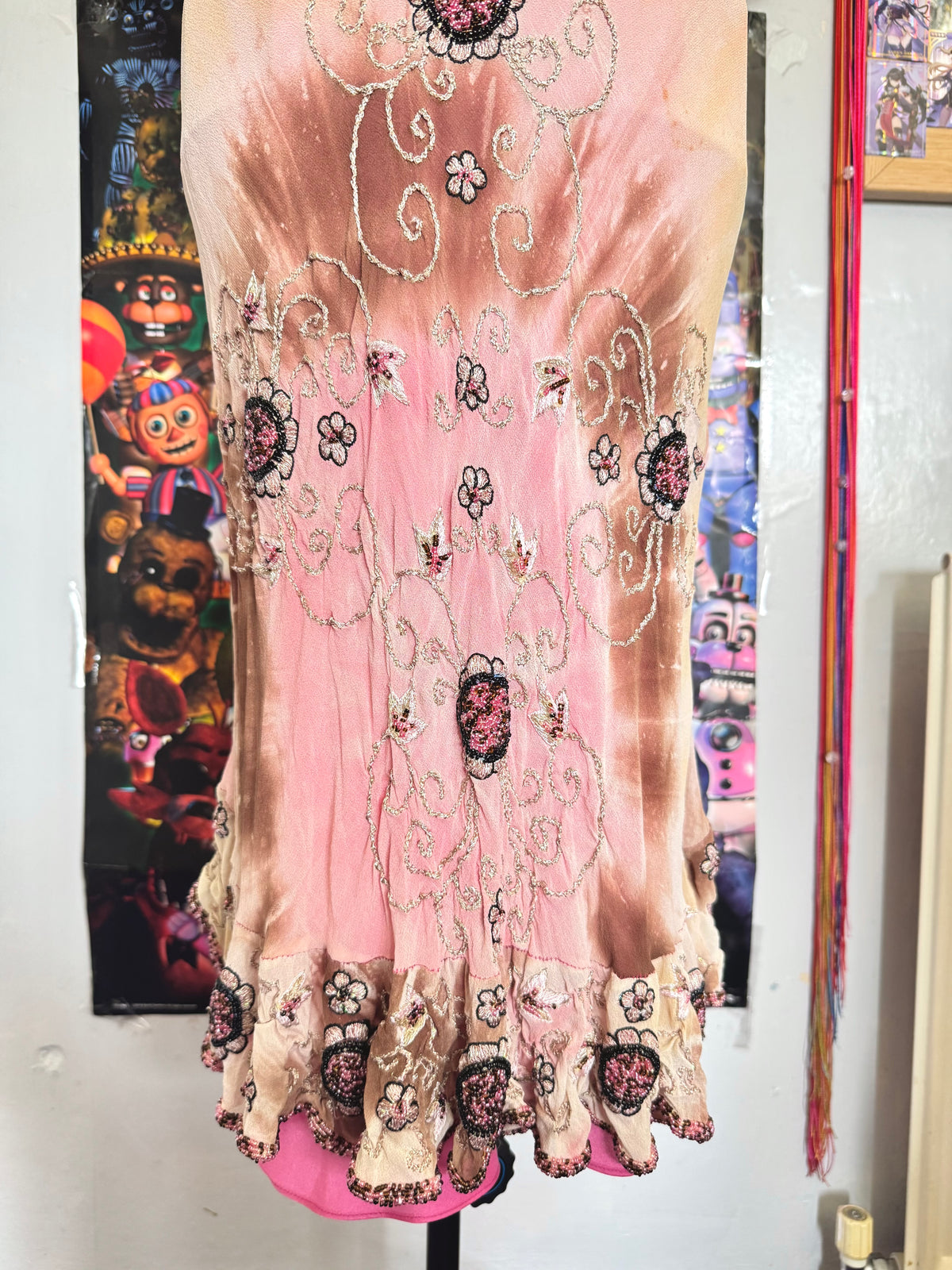 90’s vintage silk pink and brown beaded floral pattern halterneck mini dress fairycore