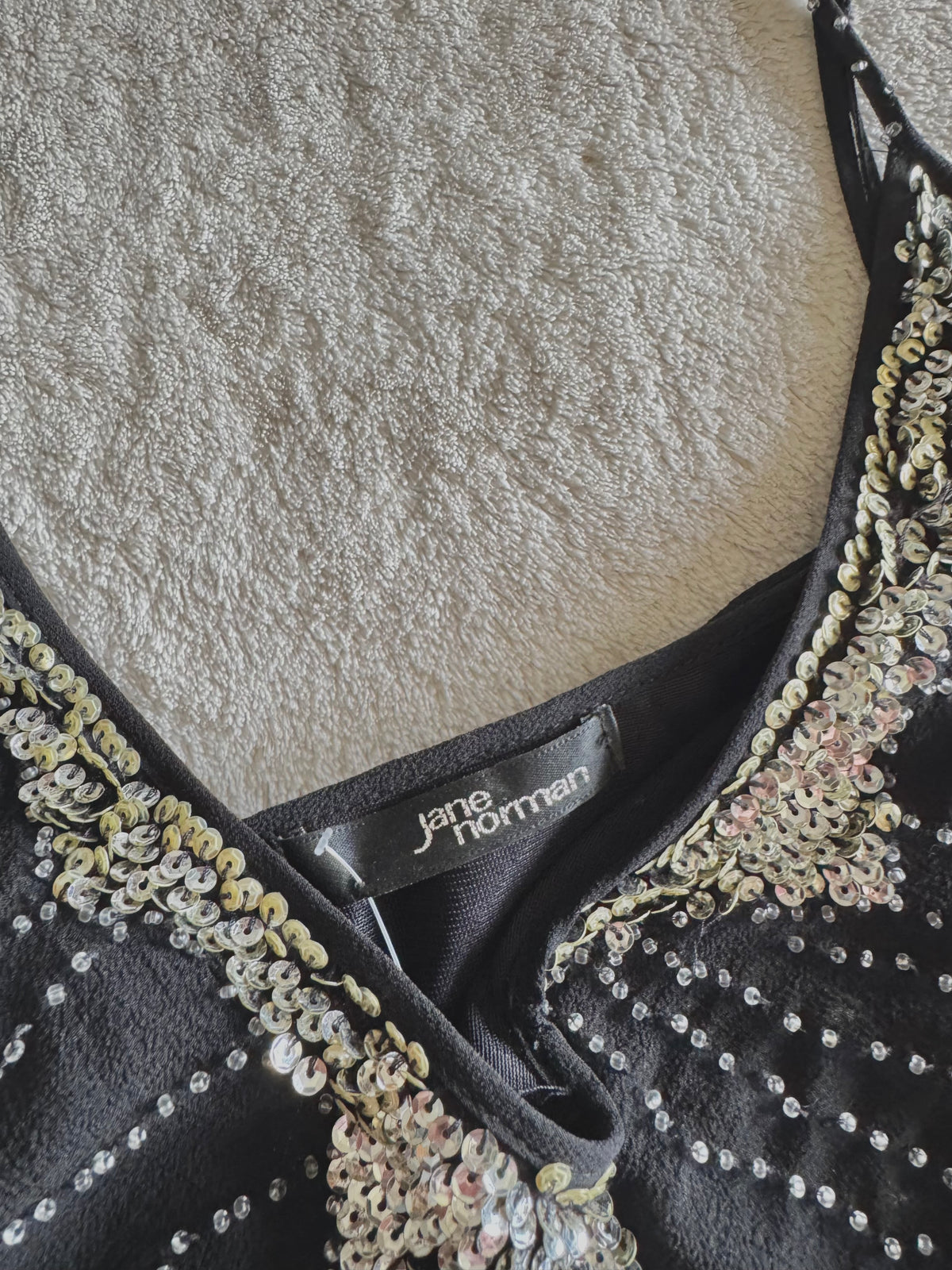 y2k vintage silk black and silver sequin embellished floaty mini dress