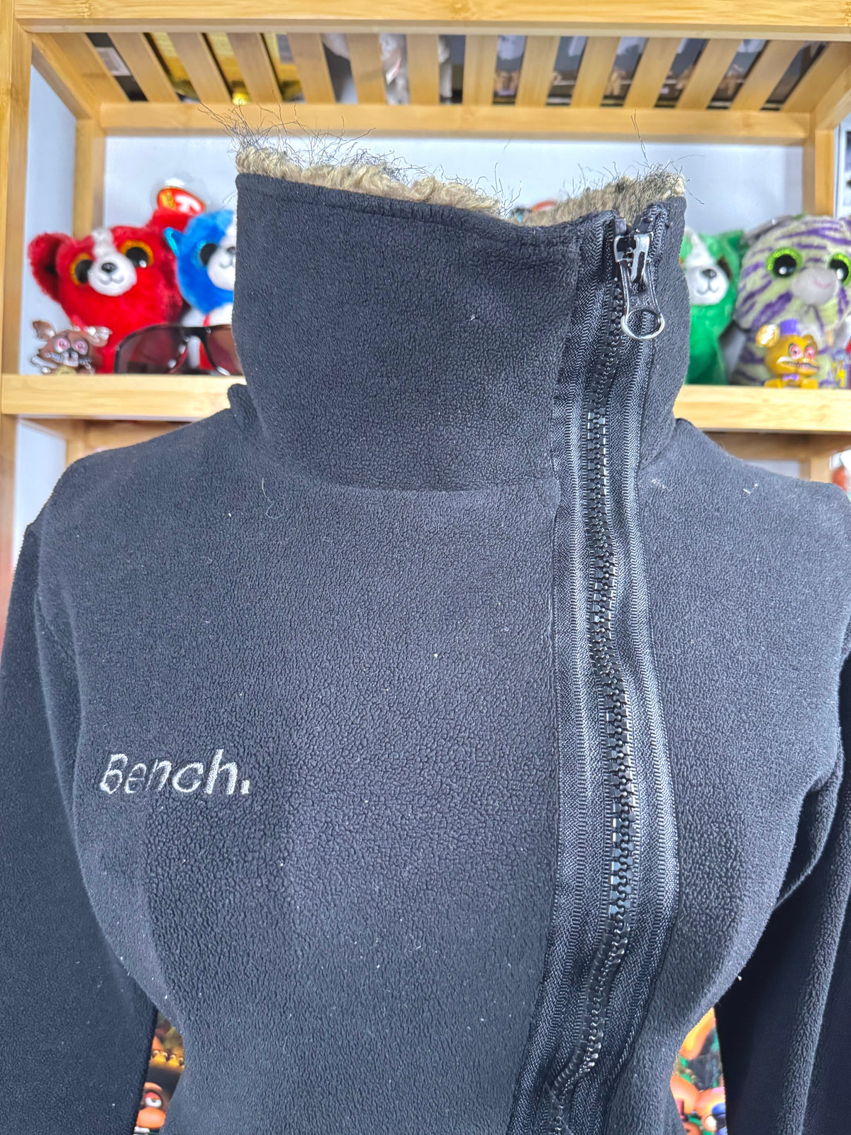 y2k vintage black asymmetrical zip up fluffy lined fleece jacket